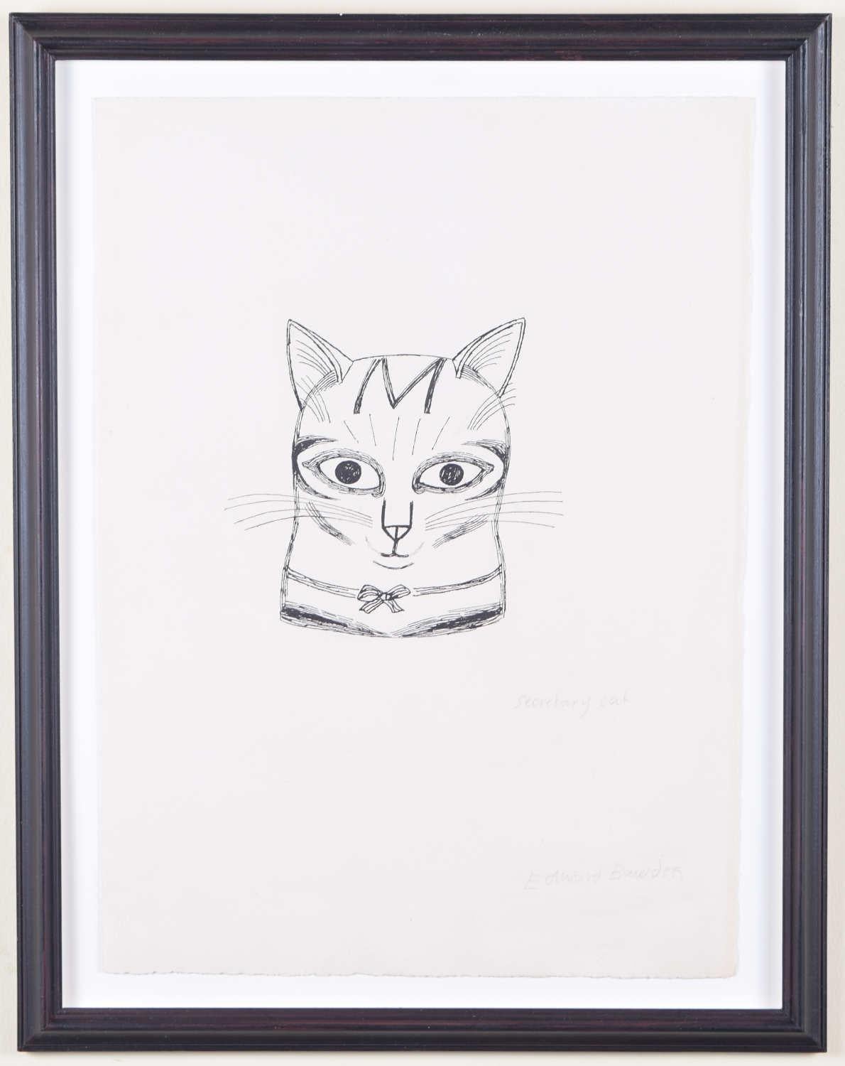 Edward Bawden Secrétaire, dessin d'art britannique moderne avec chat à l'encre
