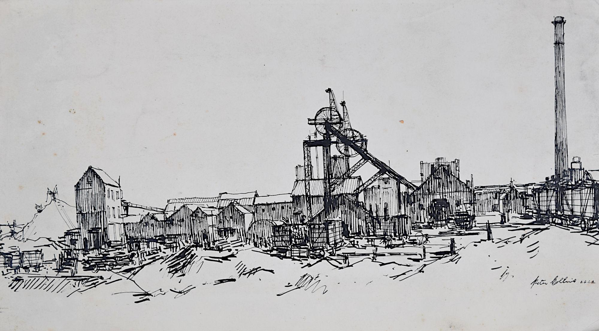 Peter Collins ARCA Colliery Mining Scene pen and ink factory England sketch