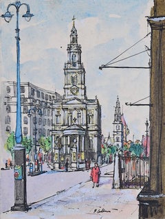 Peter Collins ARCA St Mary le Strand Church London c.1950s watercolour painting