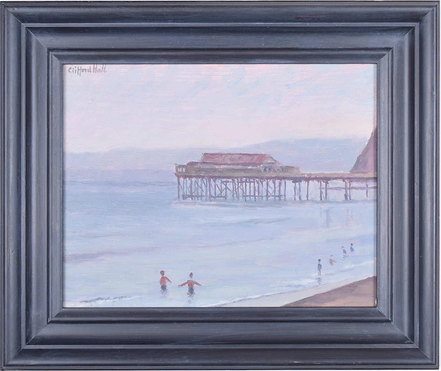 Peinture à l'huile moderne de Clifford Hall Teignmouth Pier and Beach - Art britannique en bord de mer en vente 1