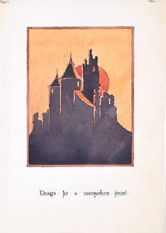 Antique Design for Art Deco Castle Marquetry Panel 1927 for Furniture Hammer London