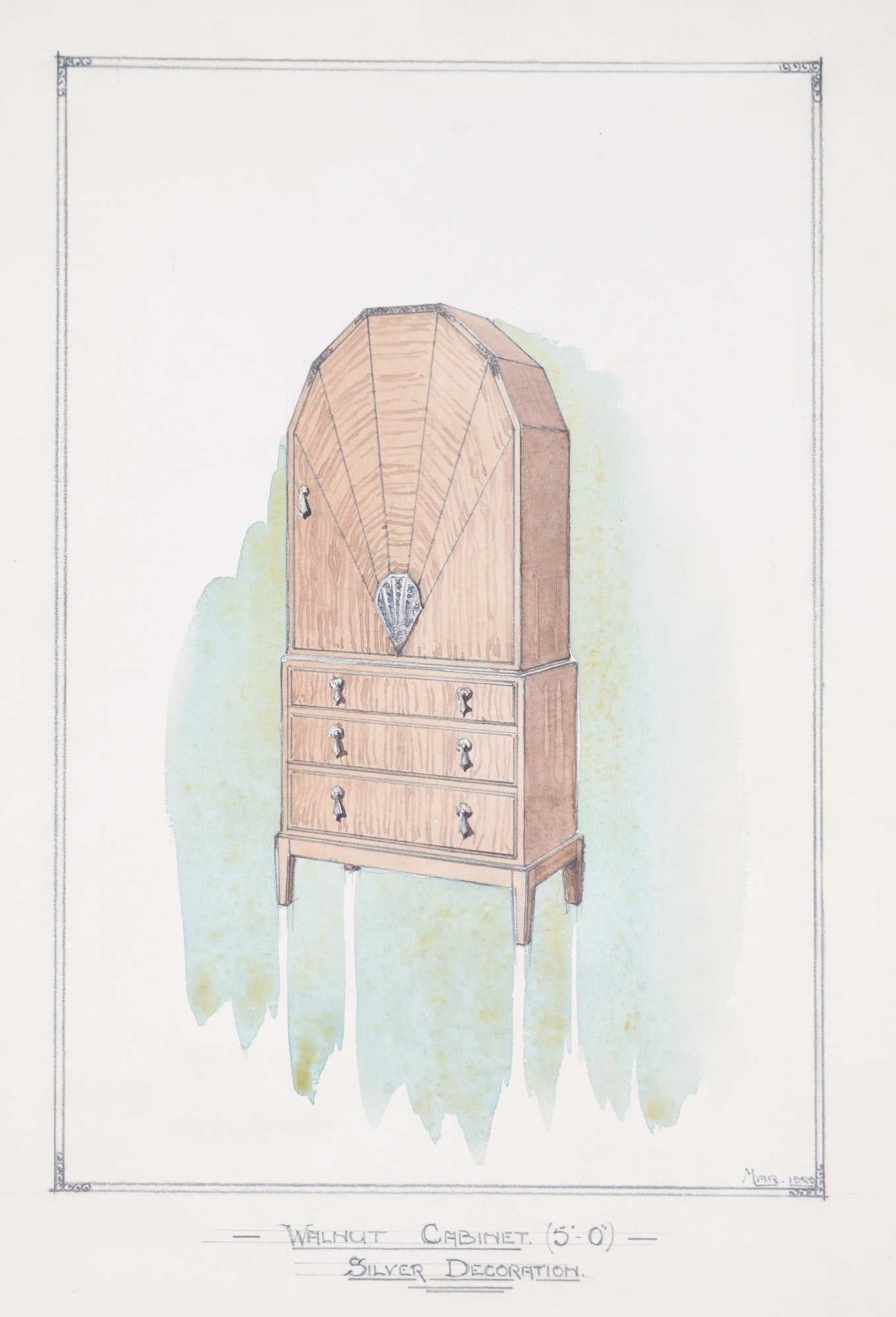 Interior Art di Donald L. Hadden - Design per mobile in noce con decorazioni in argento 1930 per George M. Georg Londra