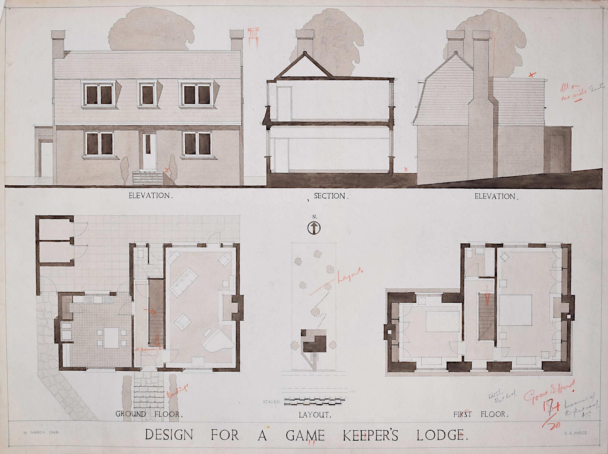 Unknown Landscape Art – Architektonische Zeichnung für Modernist Game Keeper Lodge, Mid-Century Modern