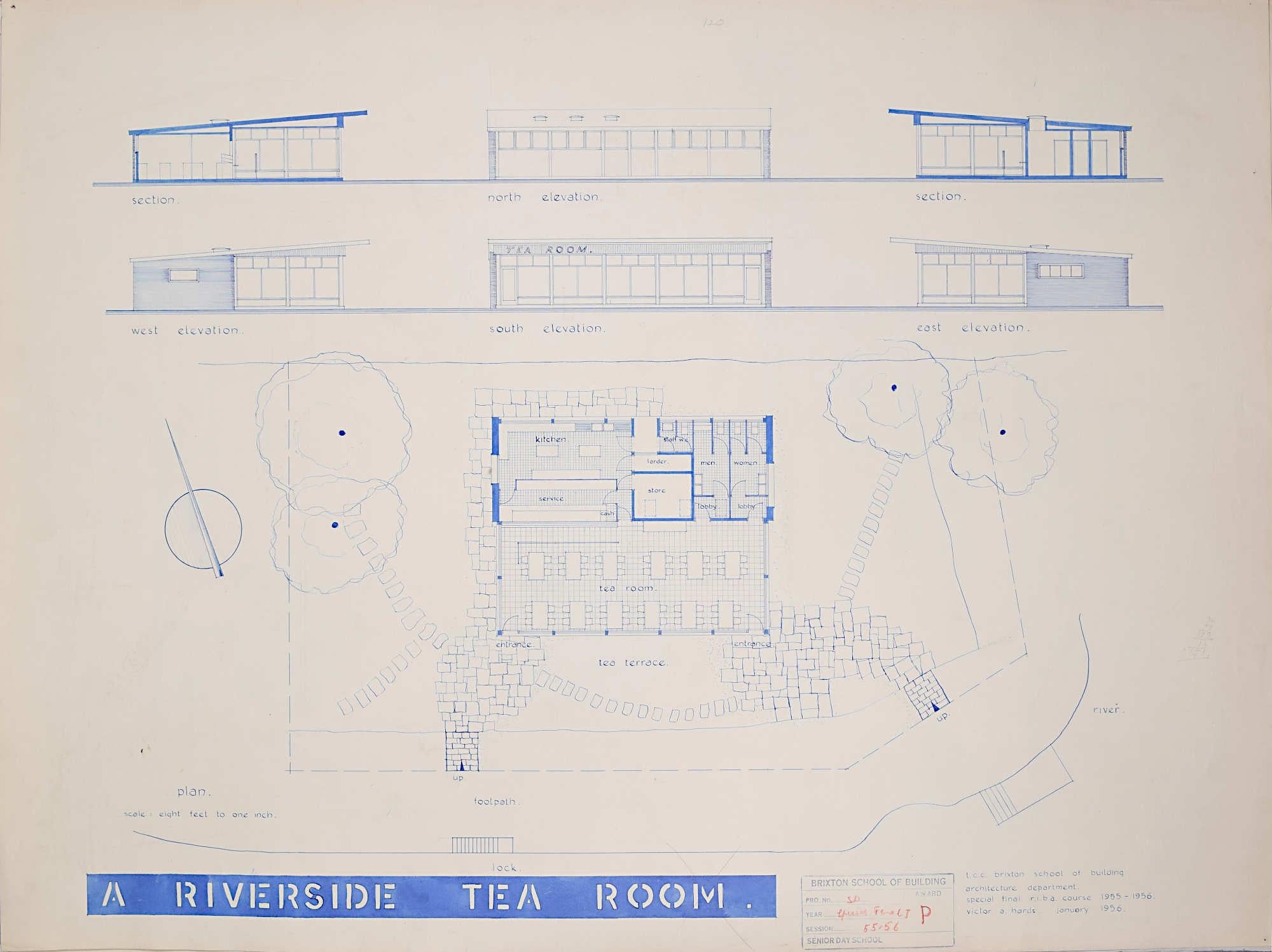 Unknown Landscape Art – Design für Modernistische, architektonische Zeichnung für Riverside Tearoom, Mid-Century Modern