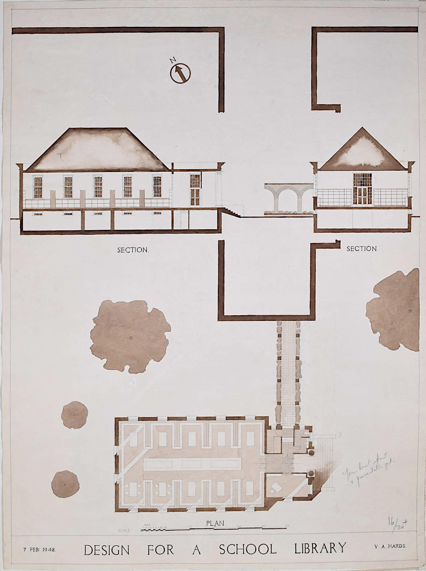 Design for Modernist School Library architectural drawing Mid Century Modern UK