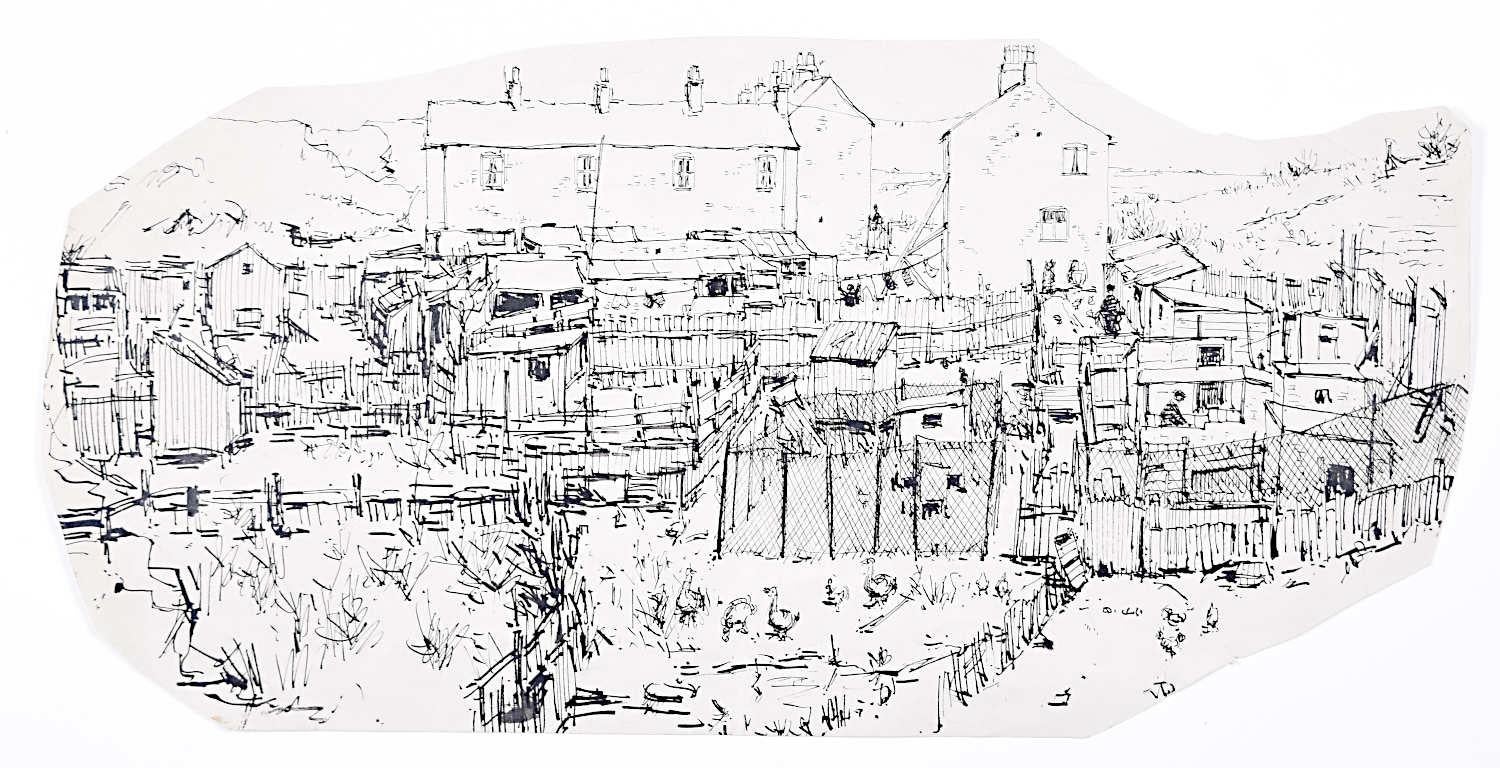 Landscape Art Peter Collins ARCA - Scène de ville : croquis au stylo et à l'encre ARCA de Peter Collins - Art britannique moderne