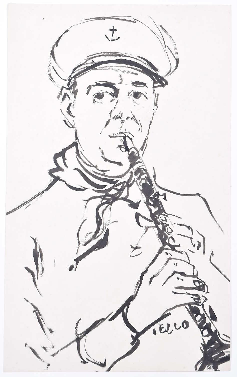 Royal Navy Bandsman: Peter Collins ARCA pen and ink sketch clarinet Naval