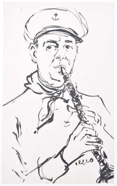 Banda de la Marina Real Británica: Peter Collins ARCA pluma y tinta boceto clarinete Naval