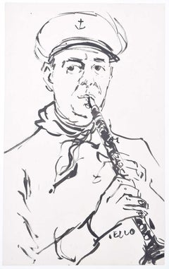 Peter Collins ARCA pen and ink sketch clarinet Naval - Bandsman Royal Navy