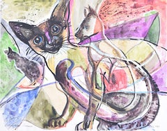 Retro Siamese Cats original watercolour Derrick Sayer for Beverley Nichols Cats ABC