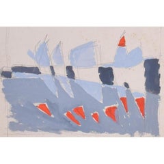 Segelboote von Clifford Ellis in Blau & Rot, Moderne britische Kunst der Mitte des Jahrhunderts