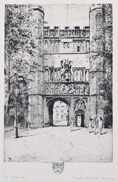 Trinity College Cambridge Great Gate etching c. 1920 Mabel Oliver Rae River Cam