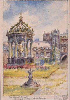 Great Court Trinity College Cambridge Watercolour by B.S. Fiven Fountain