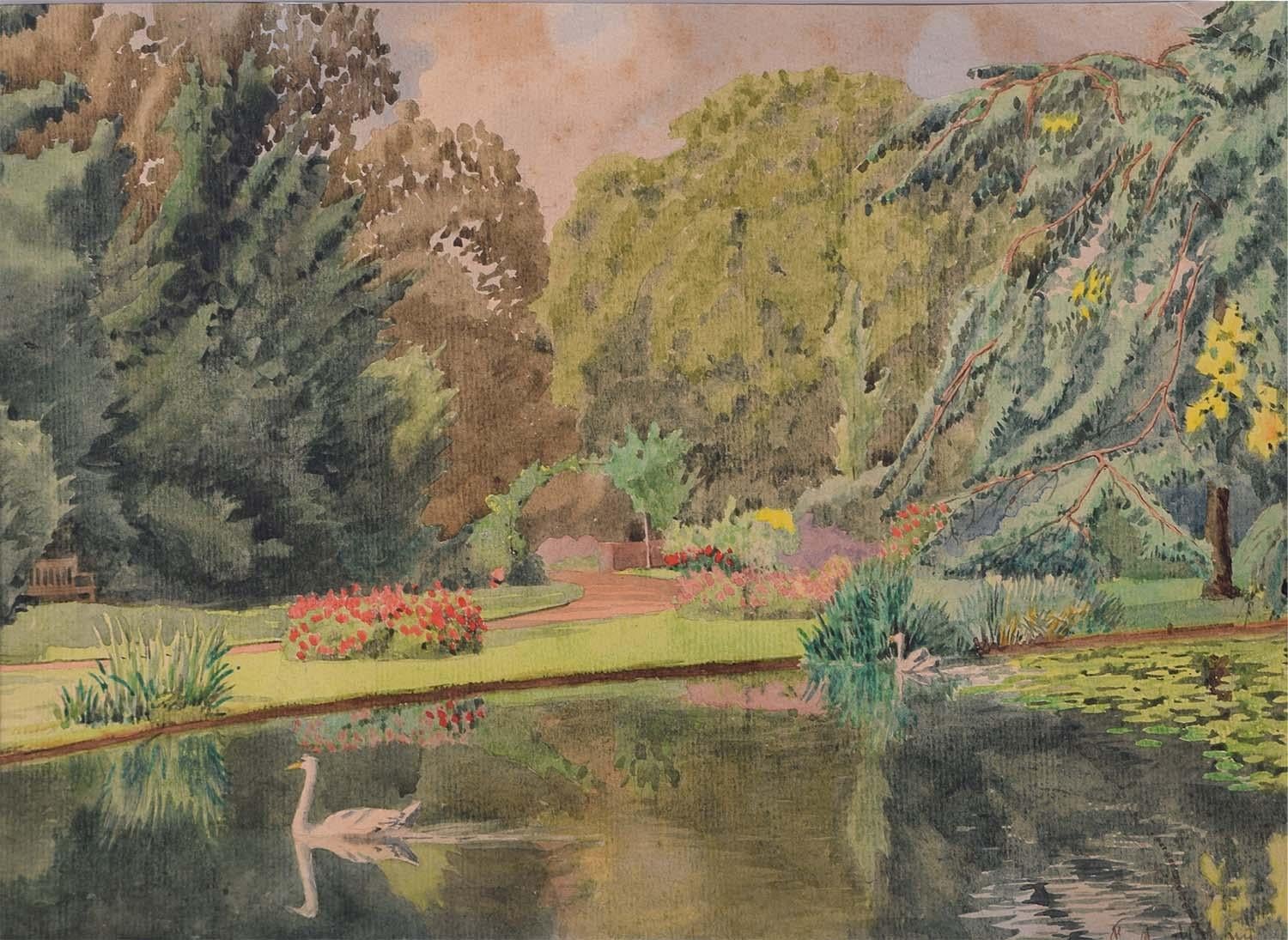 Landscape Art Major F.A. Molony - Aquarelle du major F A Molony Fellows Garden, Emmanuel College, Cambridge