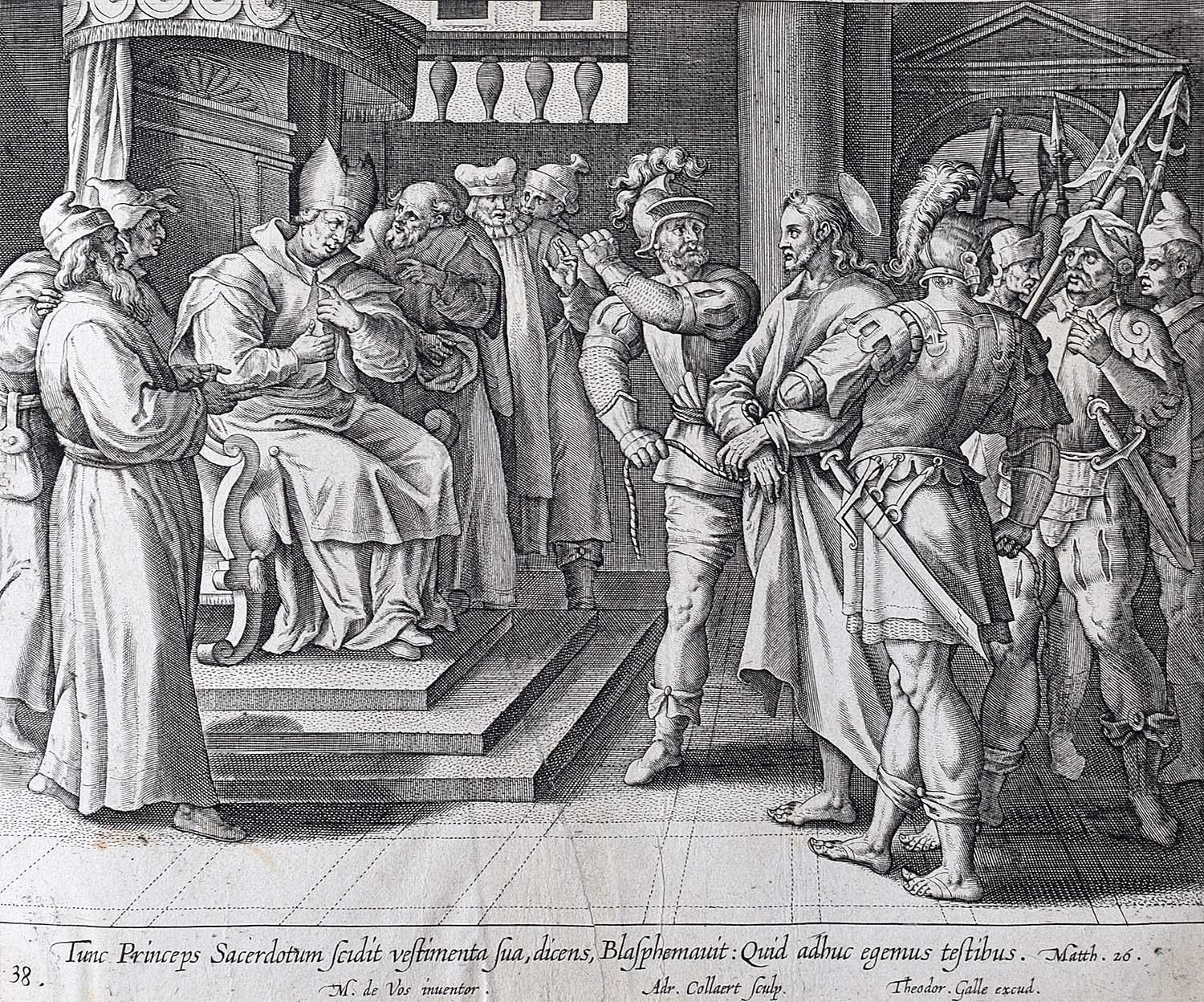 Theodoor Galle Martin de Vos 17th Century Engraving Jesus Faces the Sanhedrin