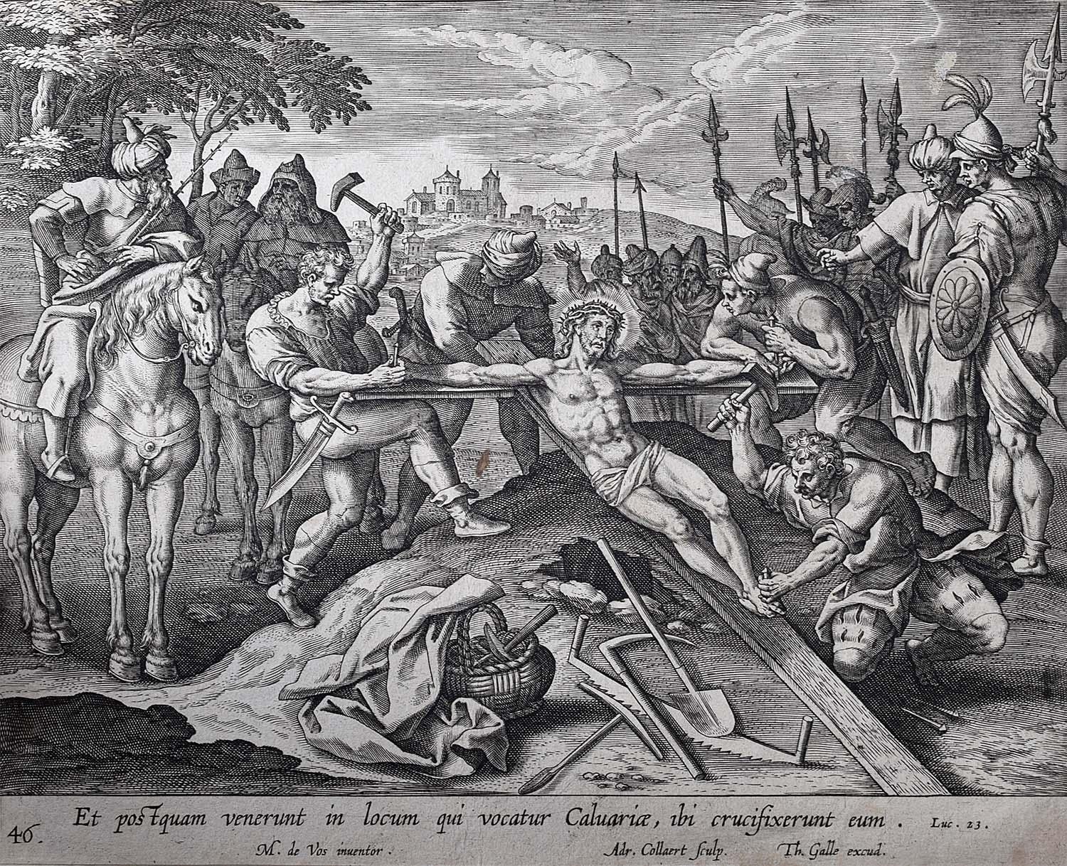 Theodoor Galle Martin de Vos 17th Century Engraving Jesus Nailed to the Cross