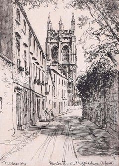 Merton Tower Oxford University etching c. 1920 Mabel Oliver Rae
