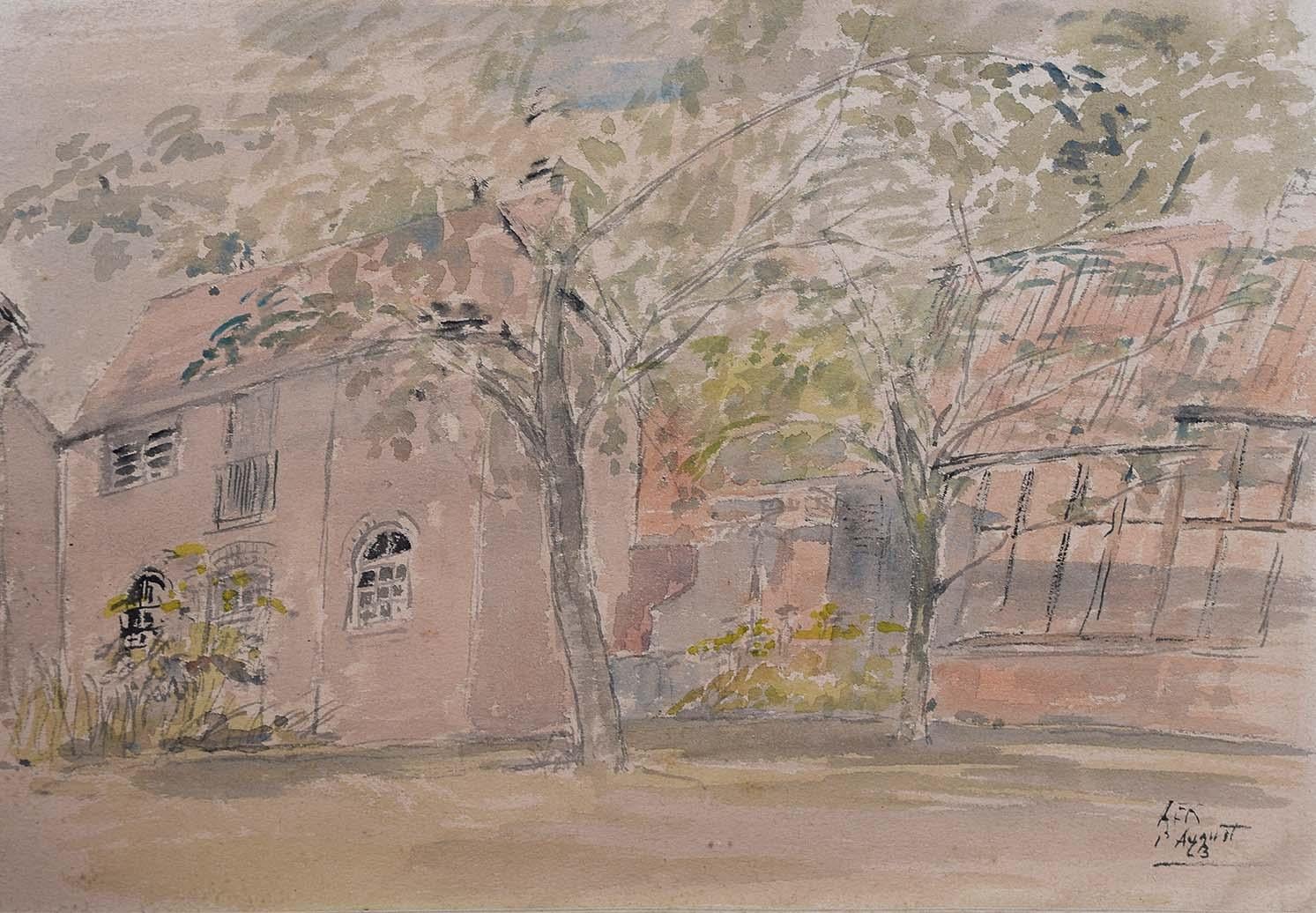Drapeau architectural à l'aquarelle de la ferme PRA du professeur Sir Albert Richardson, 1963