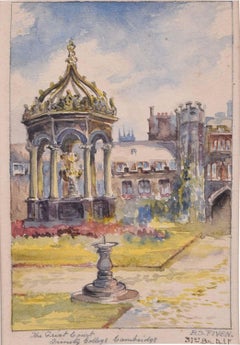 Antique Great Court Trinity College Cambridge Watercolour by B.S. Fiven Fountain c. 1917