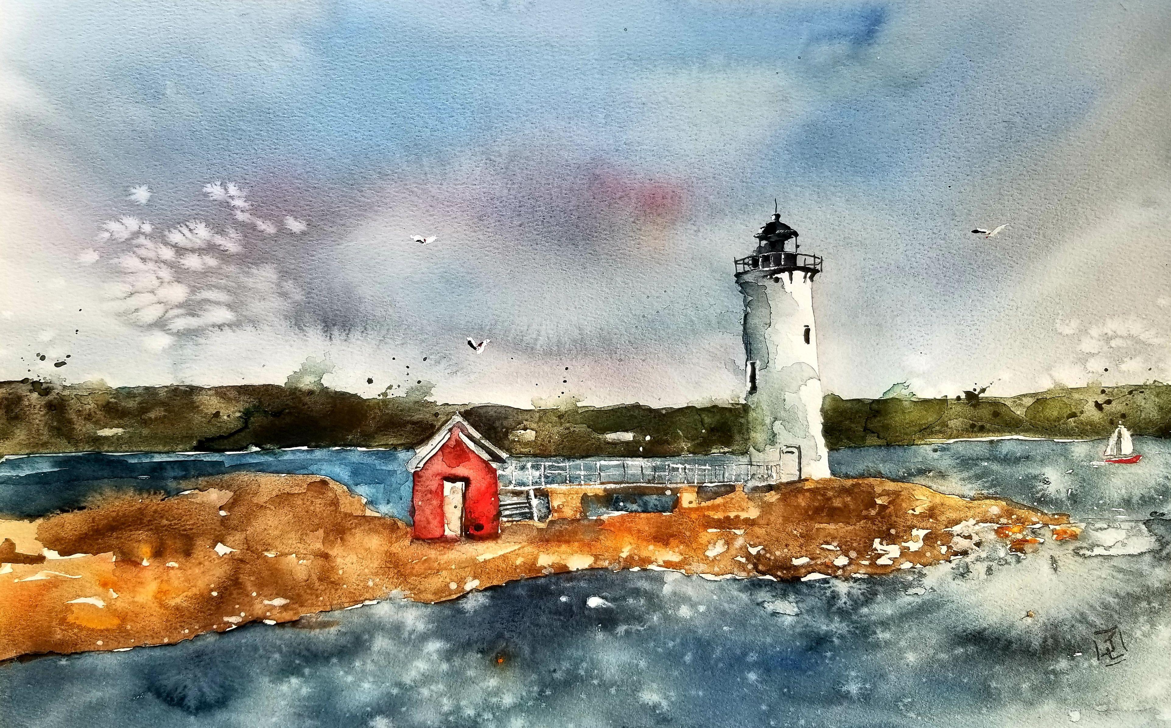New England Lighthouse, Painting, Watercolor on Watercolor Paper - Art by Jim Lagasse