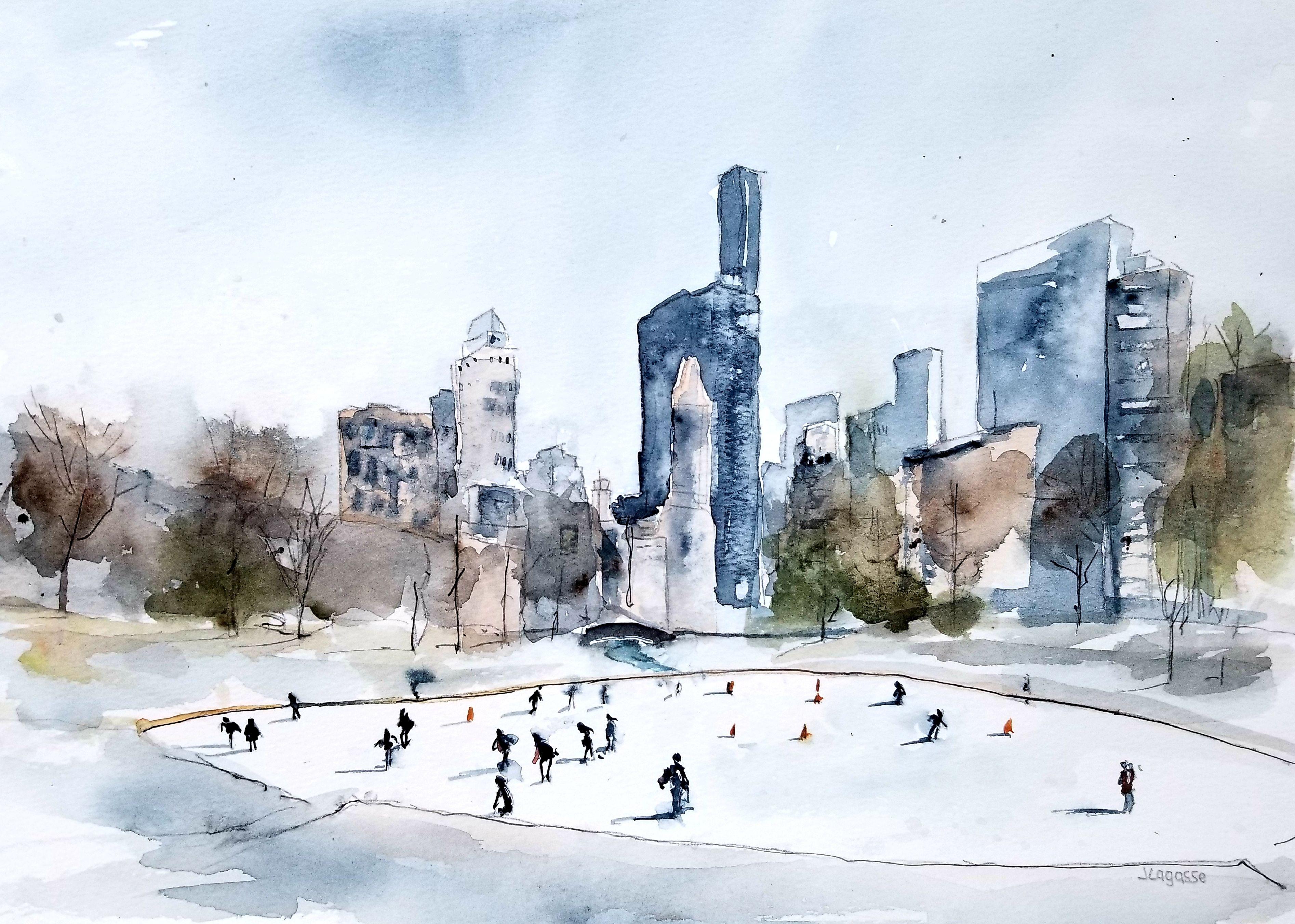 Central Park Skating, Painting, Watercolor on Watercolor Paper - Art by Jim Lagasse