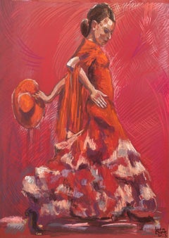 Silhouettes. Red Dancer- 1, Drawing, Pastels on Paper
