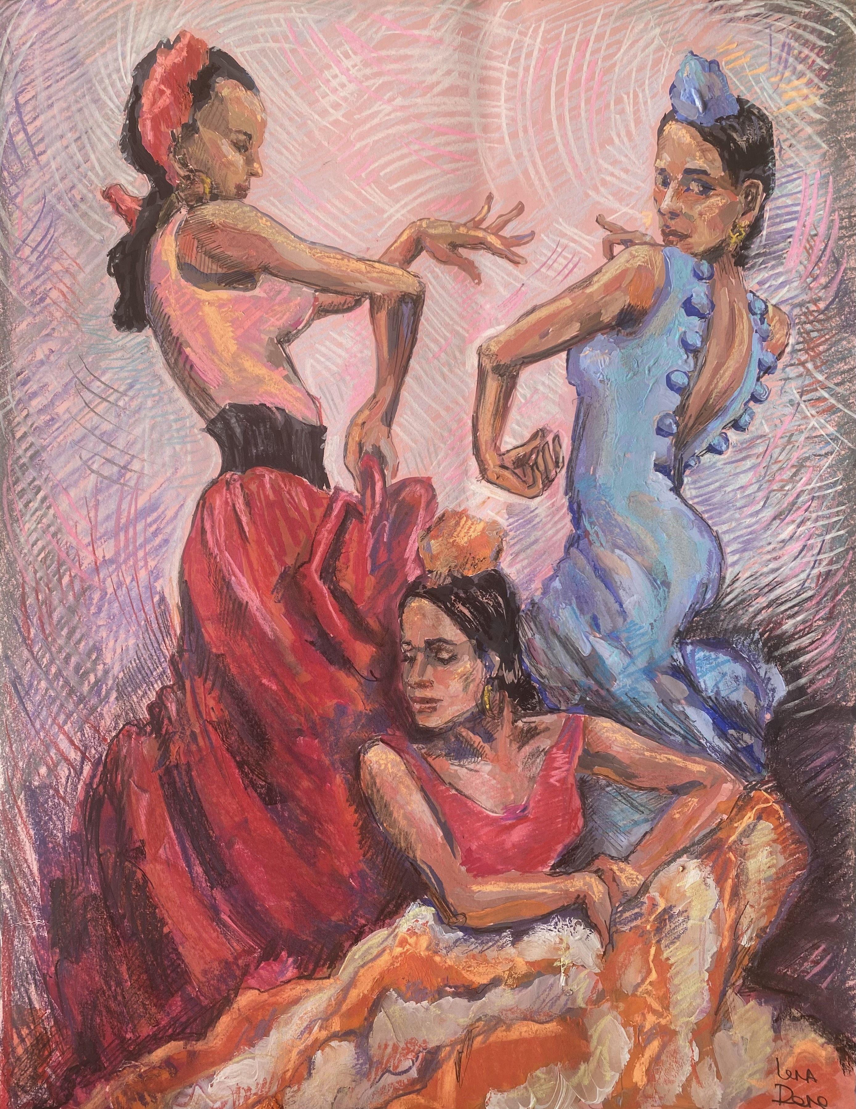 Silhouettes. 3 flamenco girls, Drawing, Pastels on Paper - Art by Elena Done