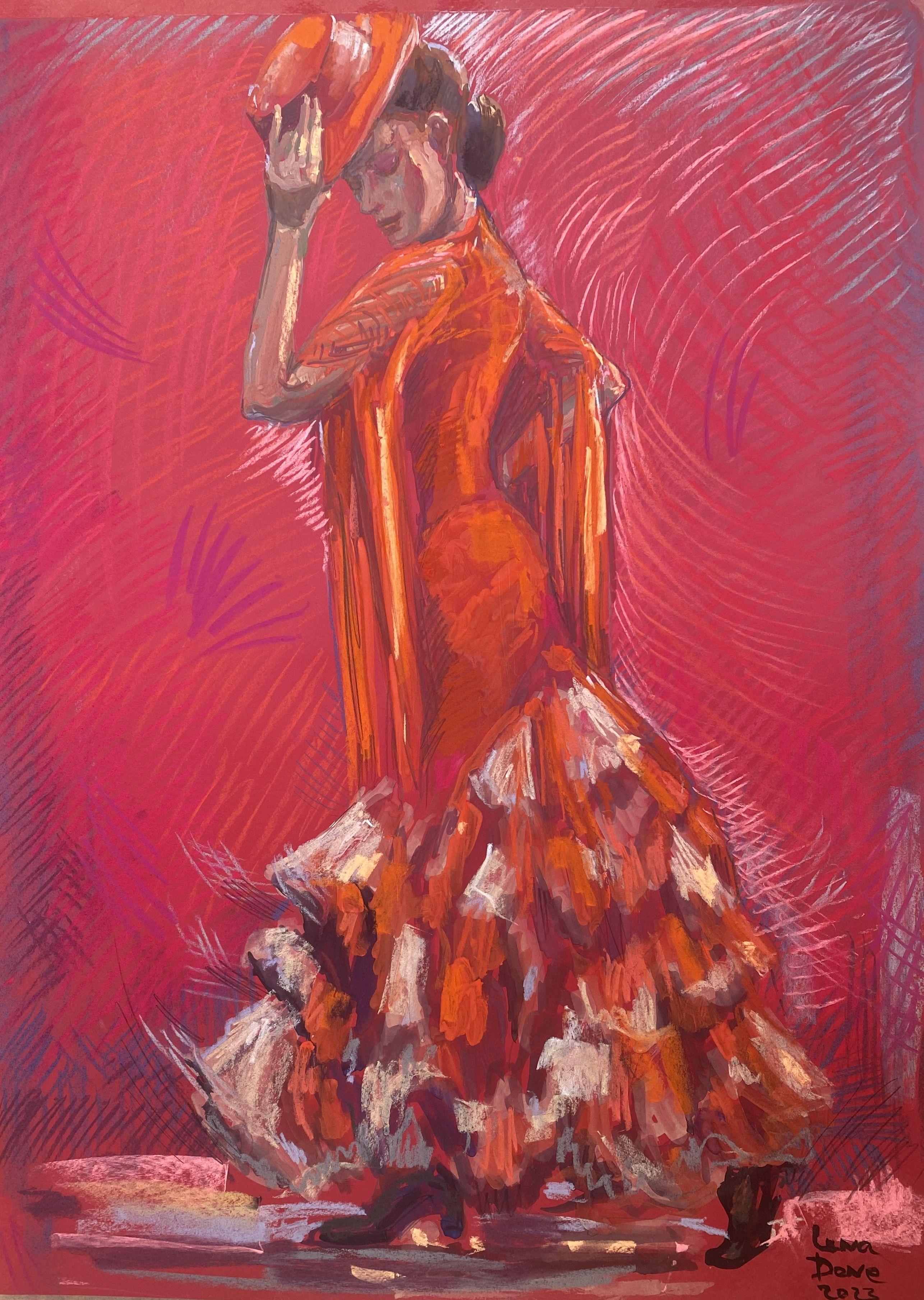Silhouettes. Red Dancer-2, Drawing, Pastels on Paper - Art by Elena Done