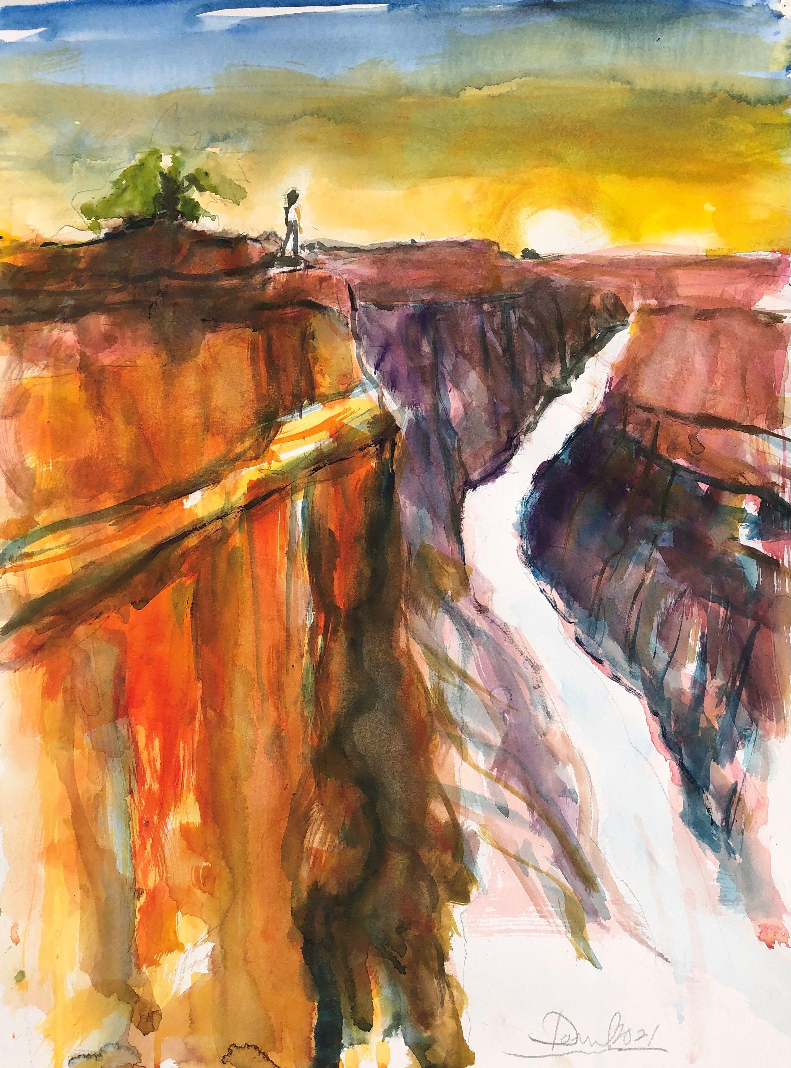 Canyon-Sonnenuntergang, Gemälde, Aquarell auf Aquarellpapier – Art von Daniel Clarke