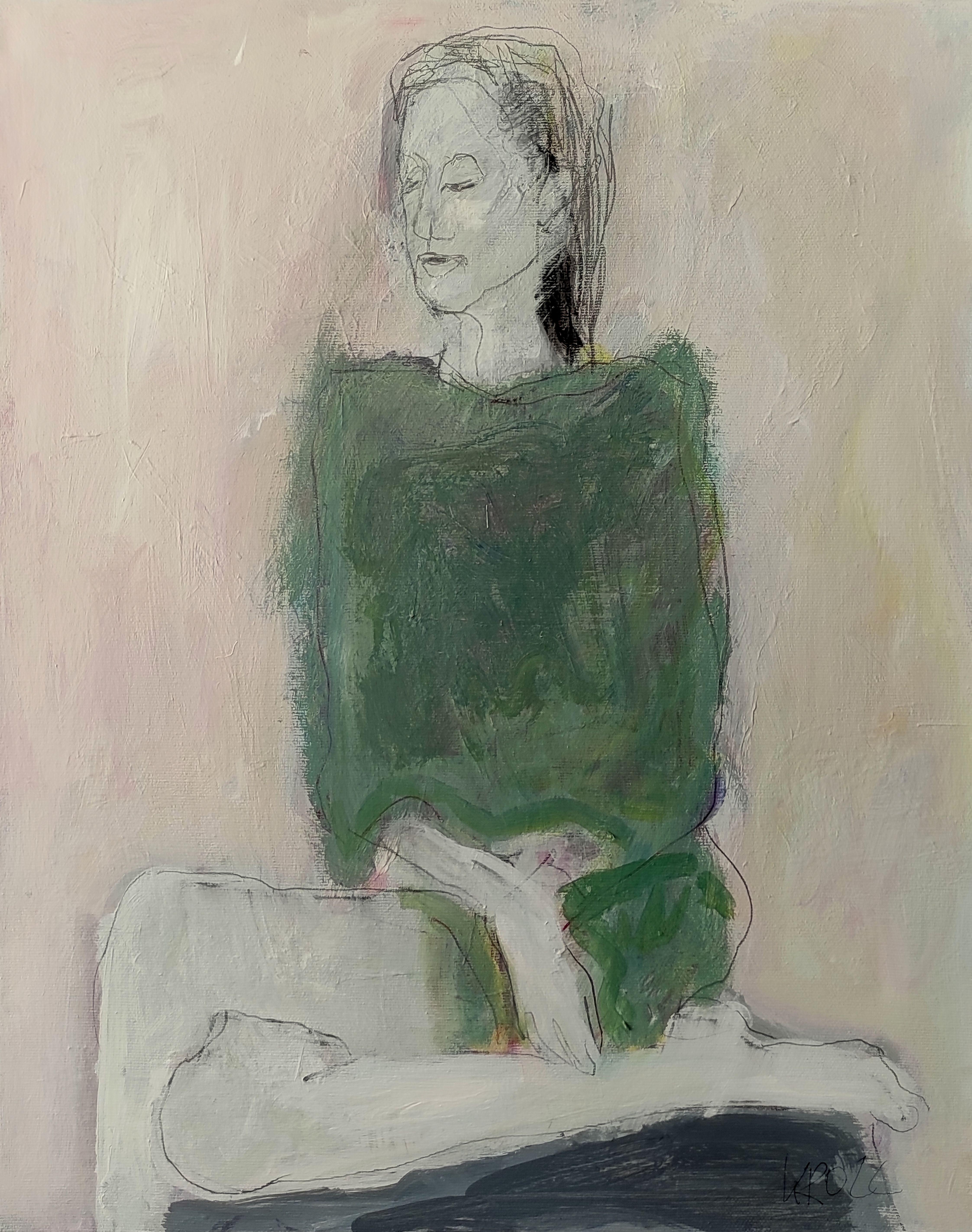 Femme verte, dessin, crayon/toile couleur sur toile - Art de Barbara Kroll
