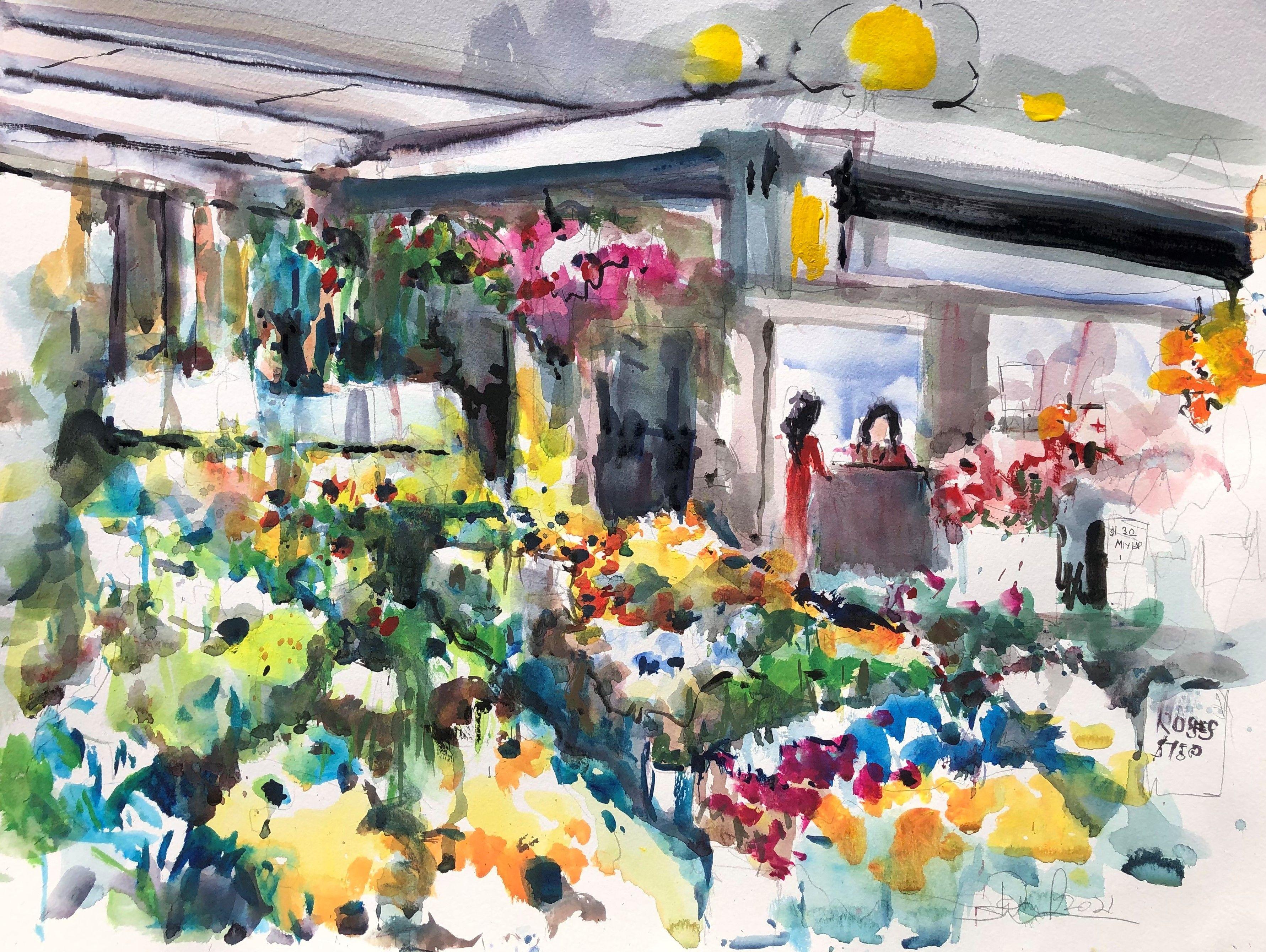 Blumenmarkt in Los Angeles, Gemälde, Aquarell auf Aquarellpapier – Art von Daniel Clarke