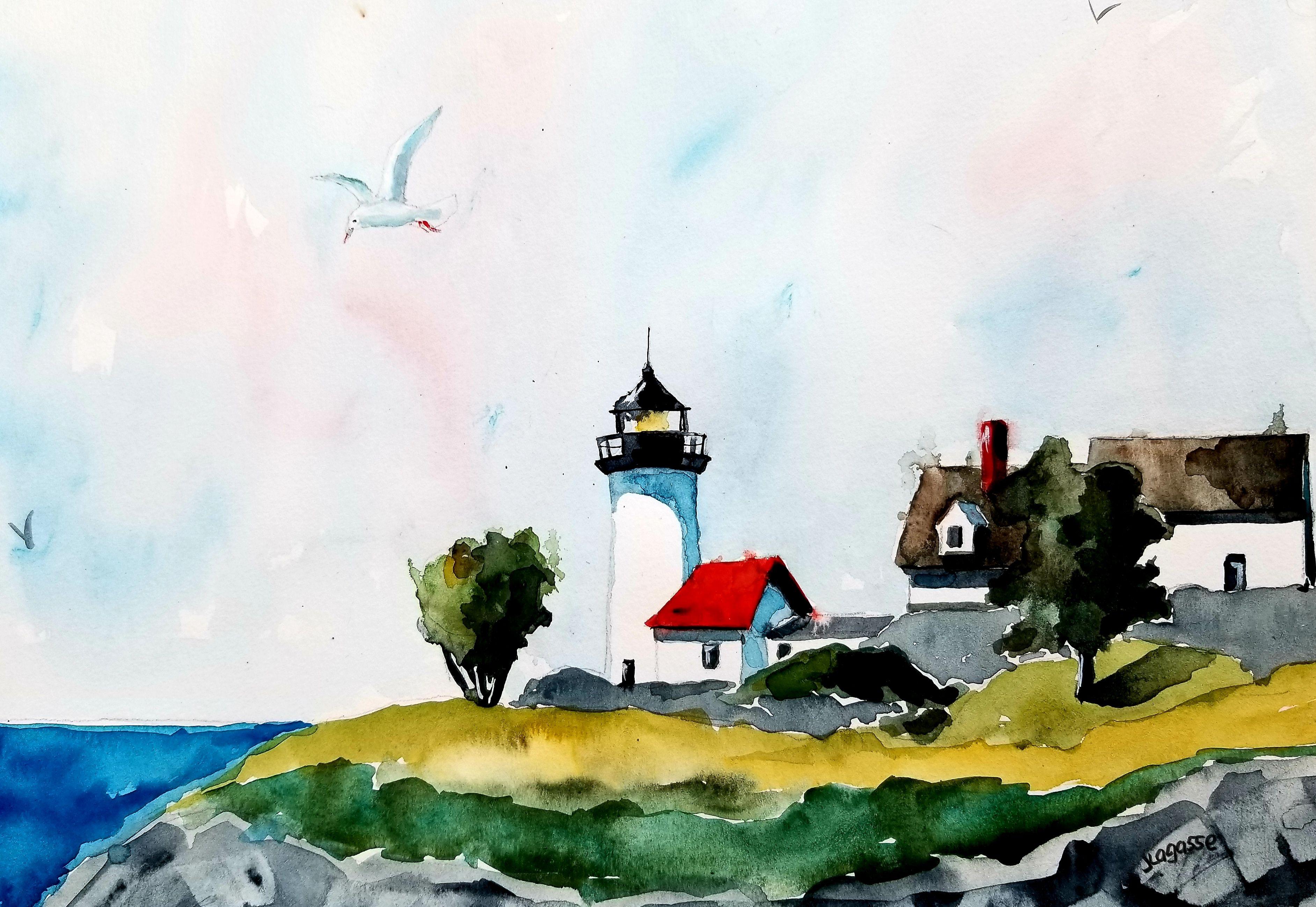Maine Lighthouse, Painting, Watercolor on Watercolor Paper - Art by Jim Lagasse