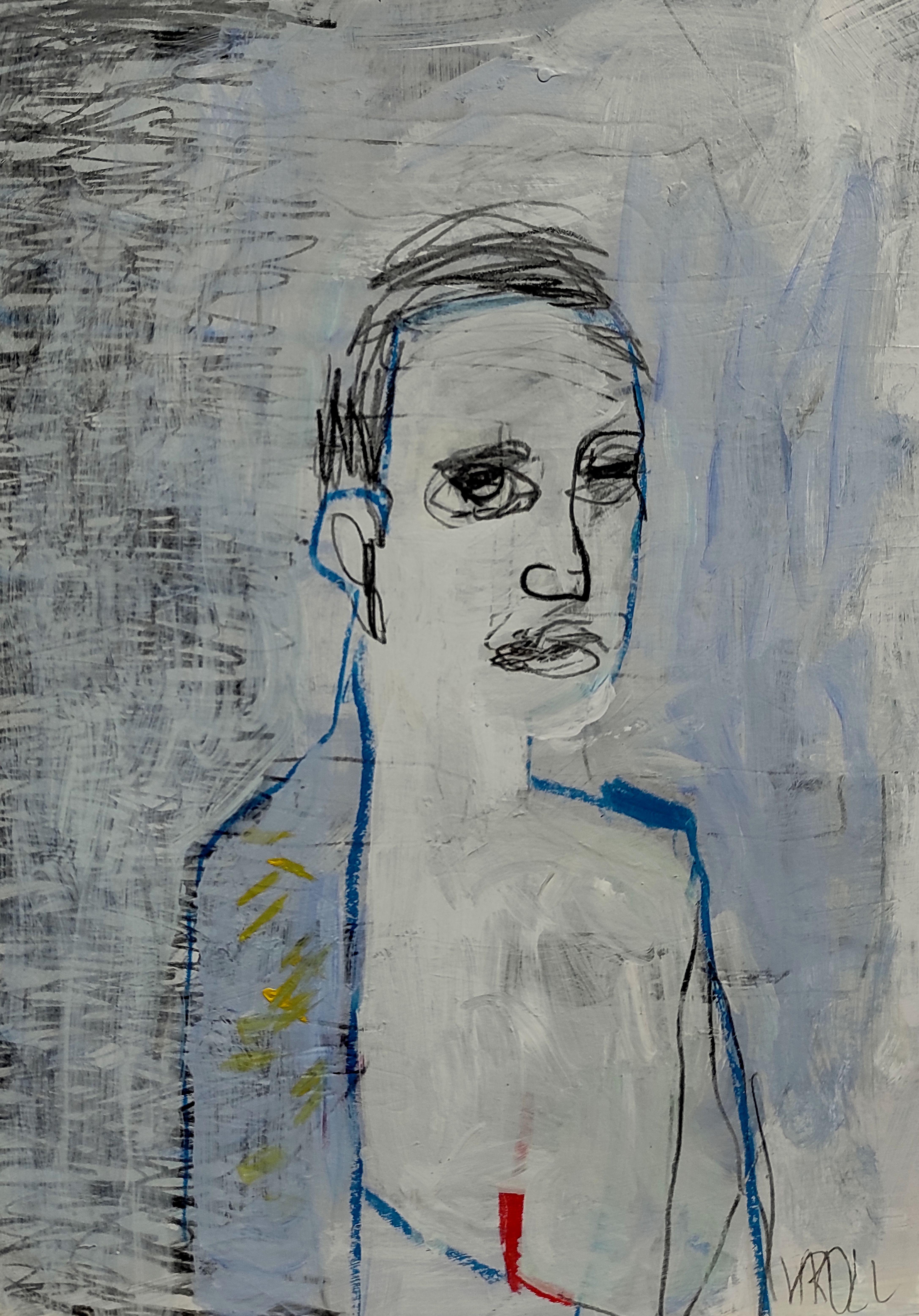 Bleu  Femme, dessin, crayon/crayon coloré sur papier - Art de Barbara Kroll
