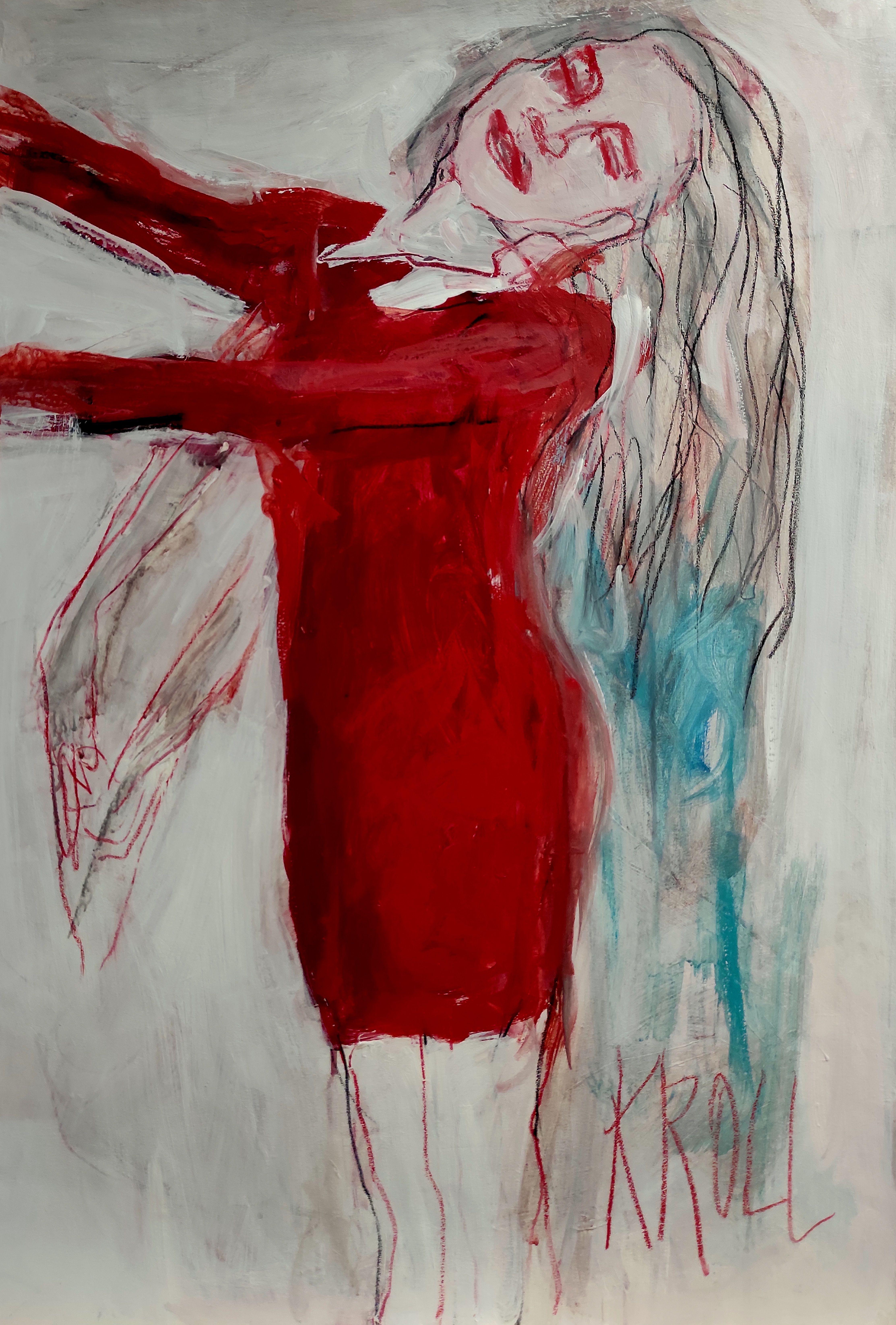 Frau mit ausgestreckten Händen, Zeichnung, Bleistift/Farbstift auf Papier – Art von Barbara Kroll