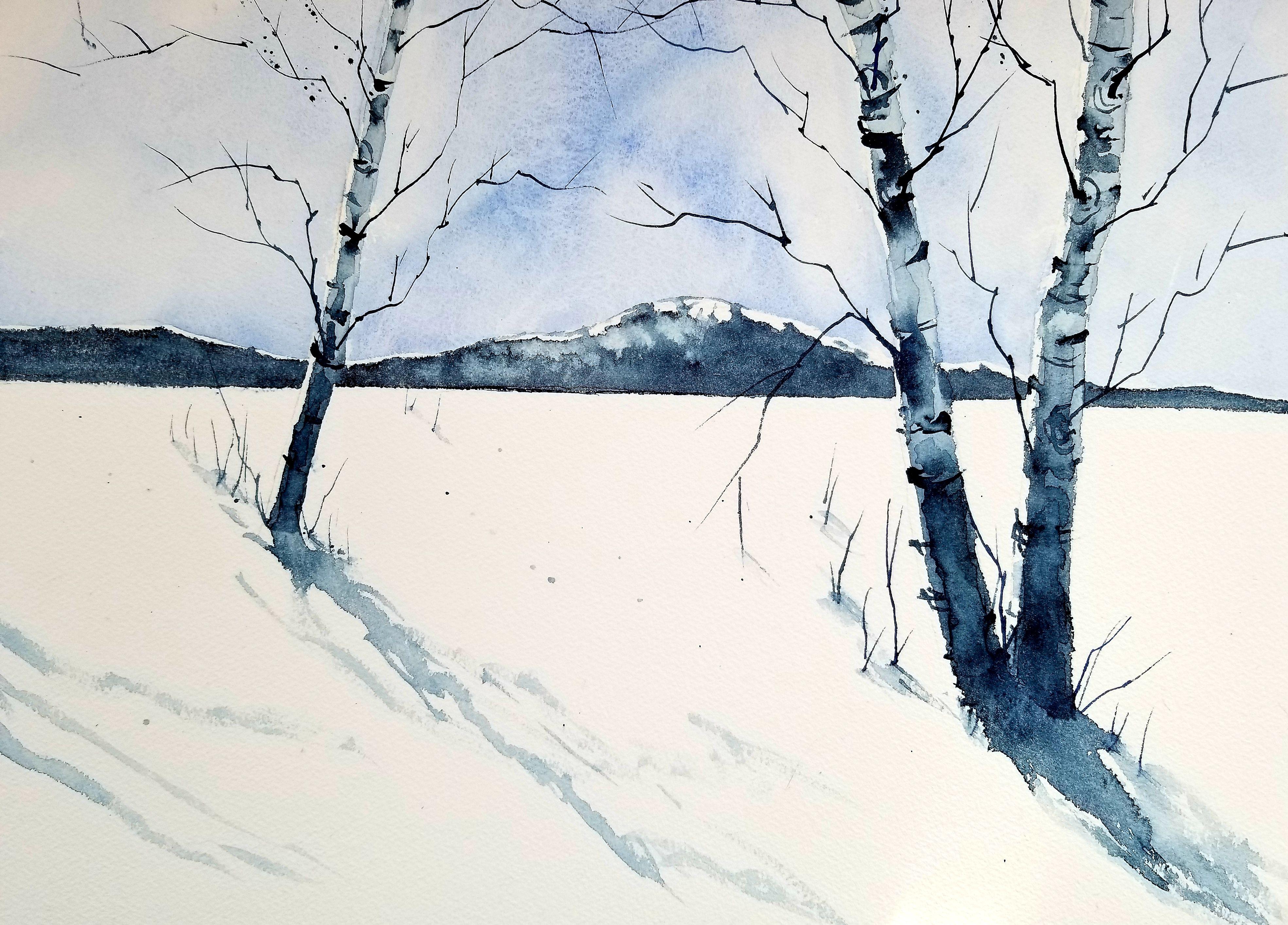 Winter Birches, Painting, Watercolor on Watercolor Paper - Art by Jim Lagasse