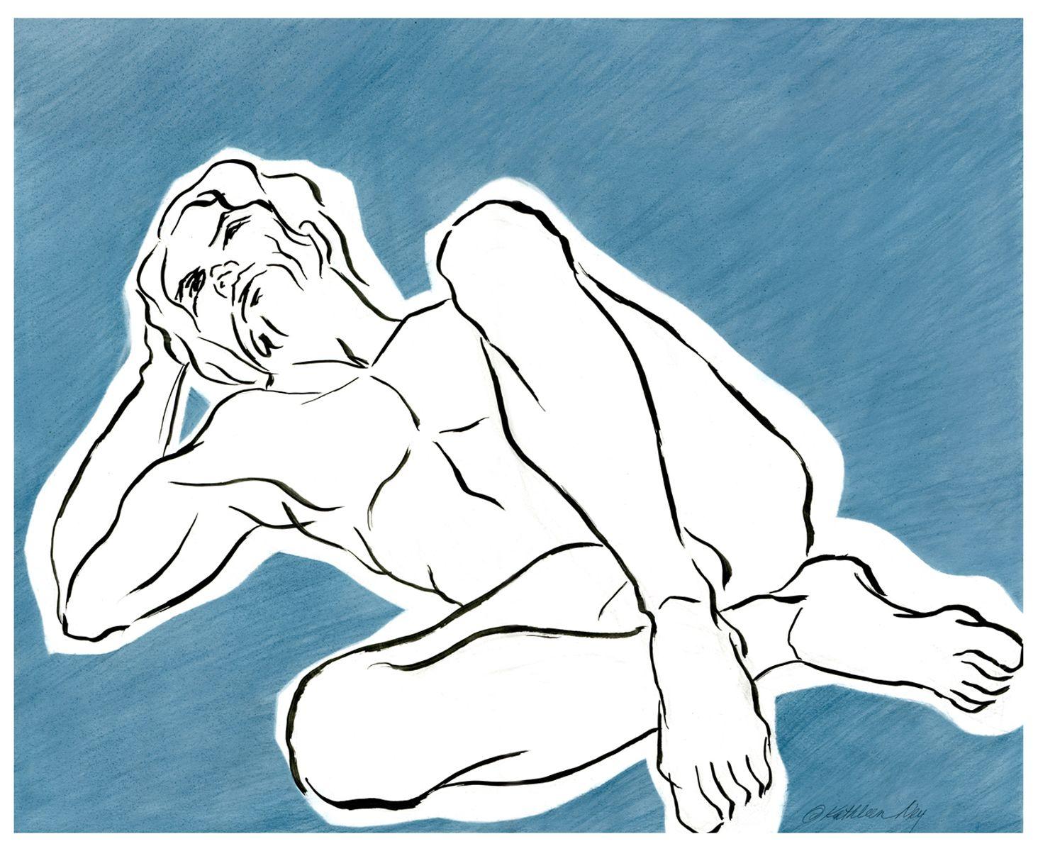 Male Figure in Blue Drawing, Drawing, Pen & Ink on Paper - Art by Kathleen  Ney