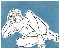 Blaue männliche Figur in Zeichnung, Stift und Tinte auf Papier