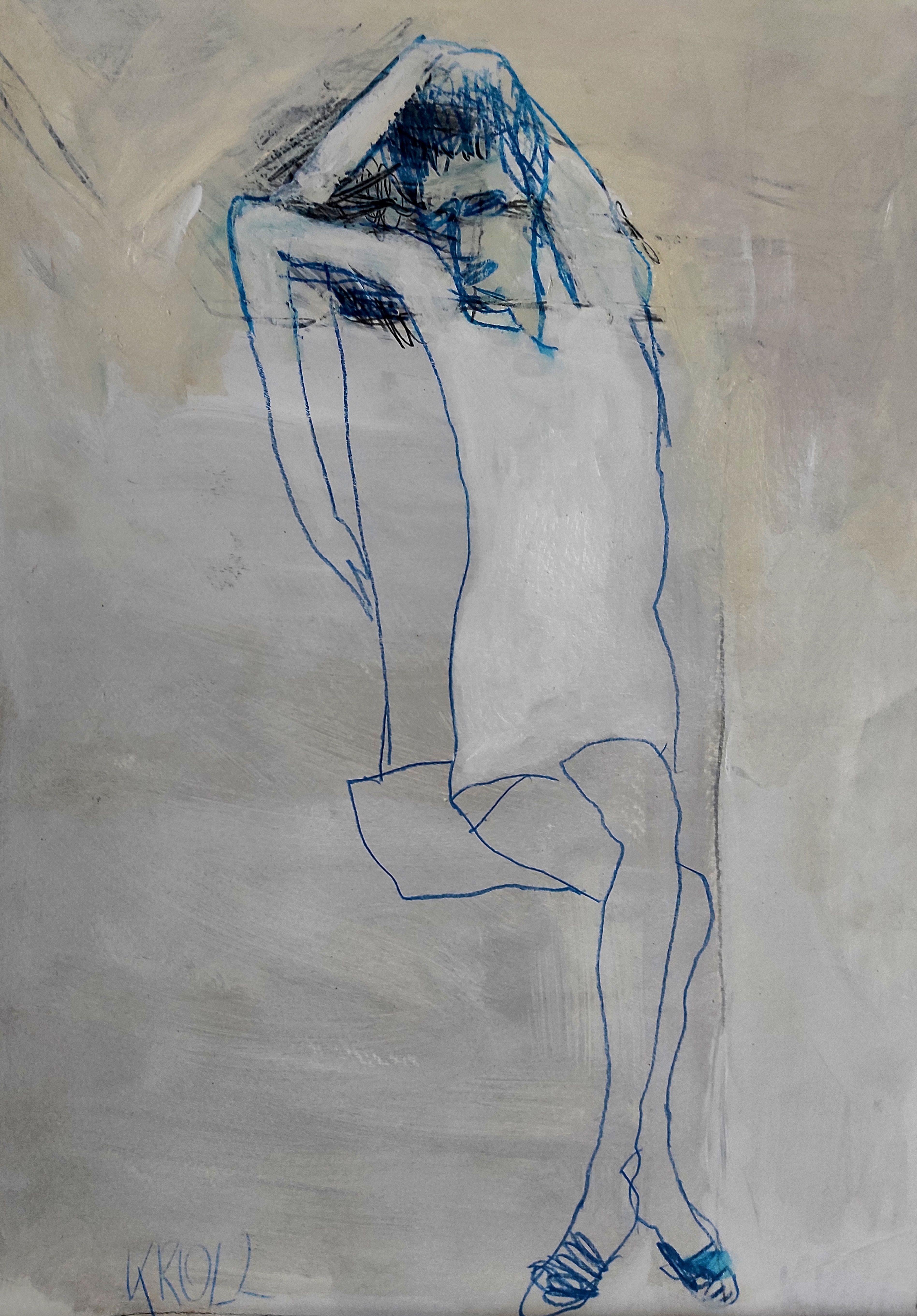 Femme assise en bleu, dessin, crayon/crayon de couleur sur papier - Art de Barbara Kroll