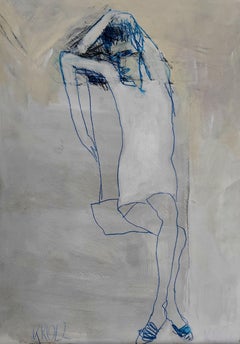 Femme assise en bleu, dessin, crayon/crayon de couleur sur papier