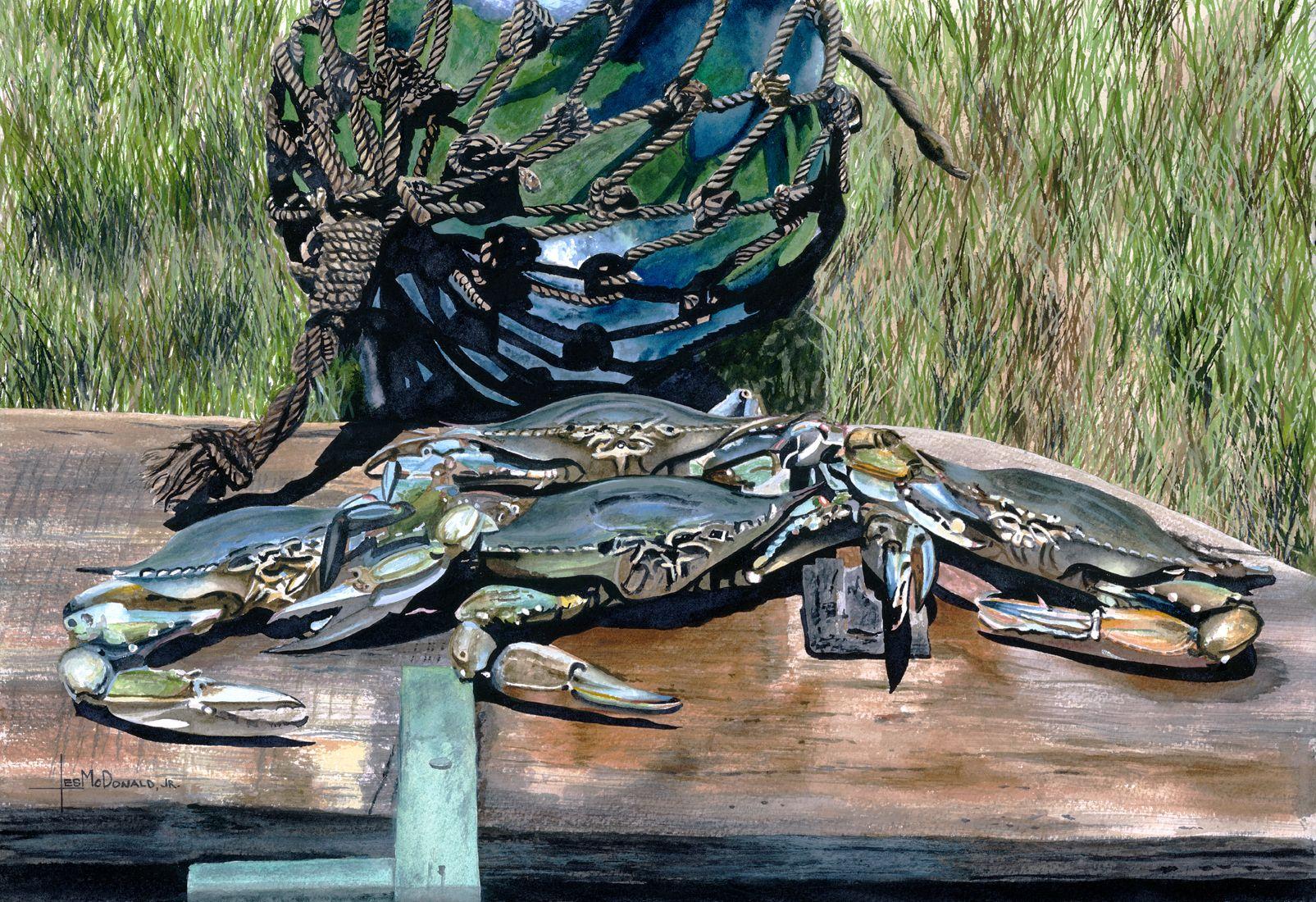 Blue Crabs and Fishing Ball, Painting, Watercolor on Paper - Art by Leslie McDonald Jr