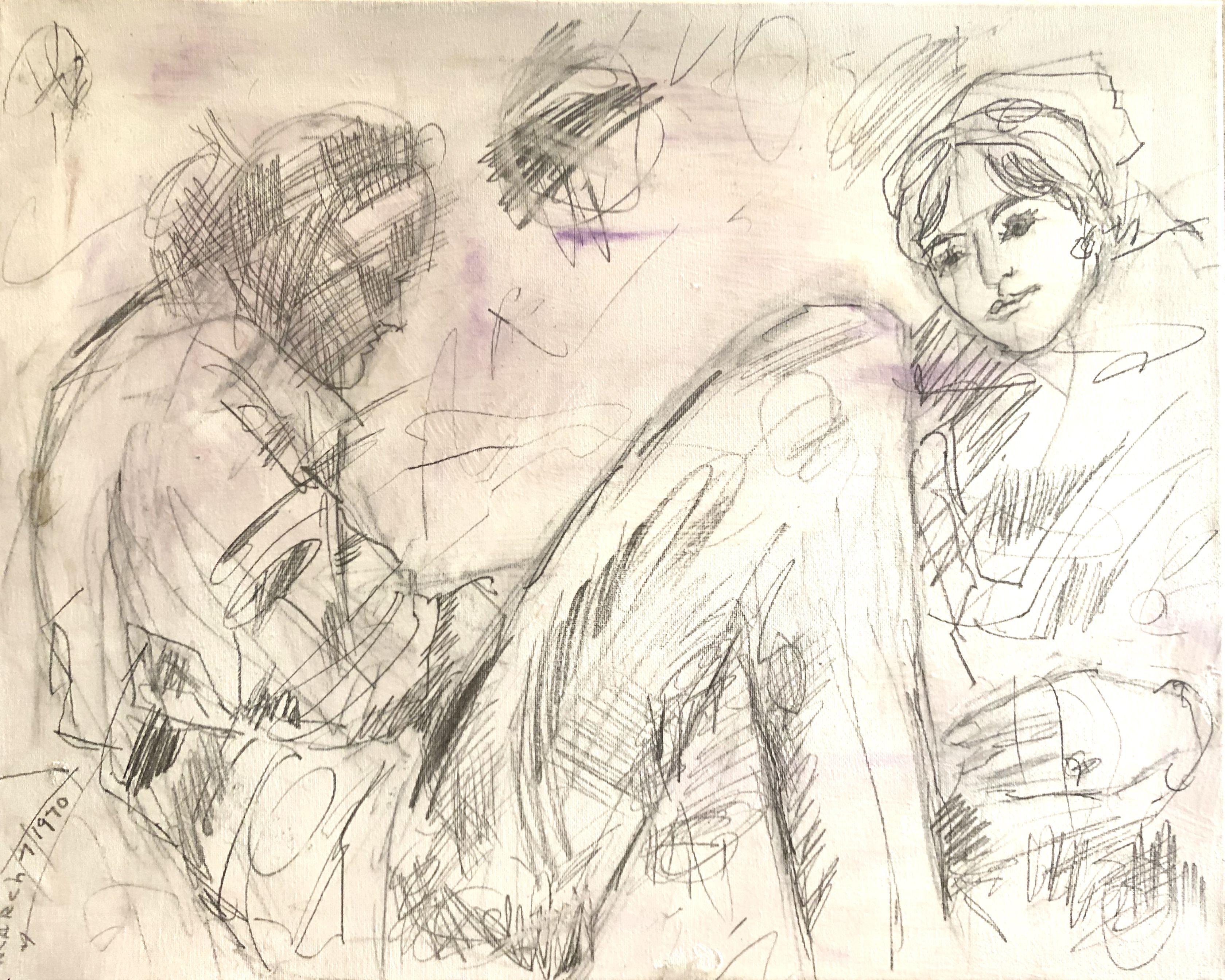 Conversation avec le mort, dessin, crayon/toile couleur sur toile - Art de John Murray