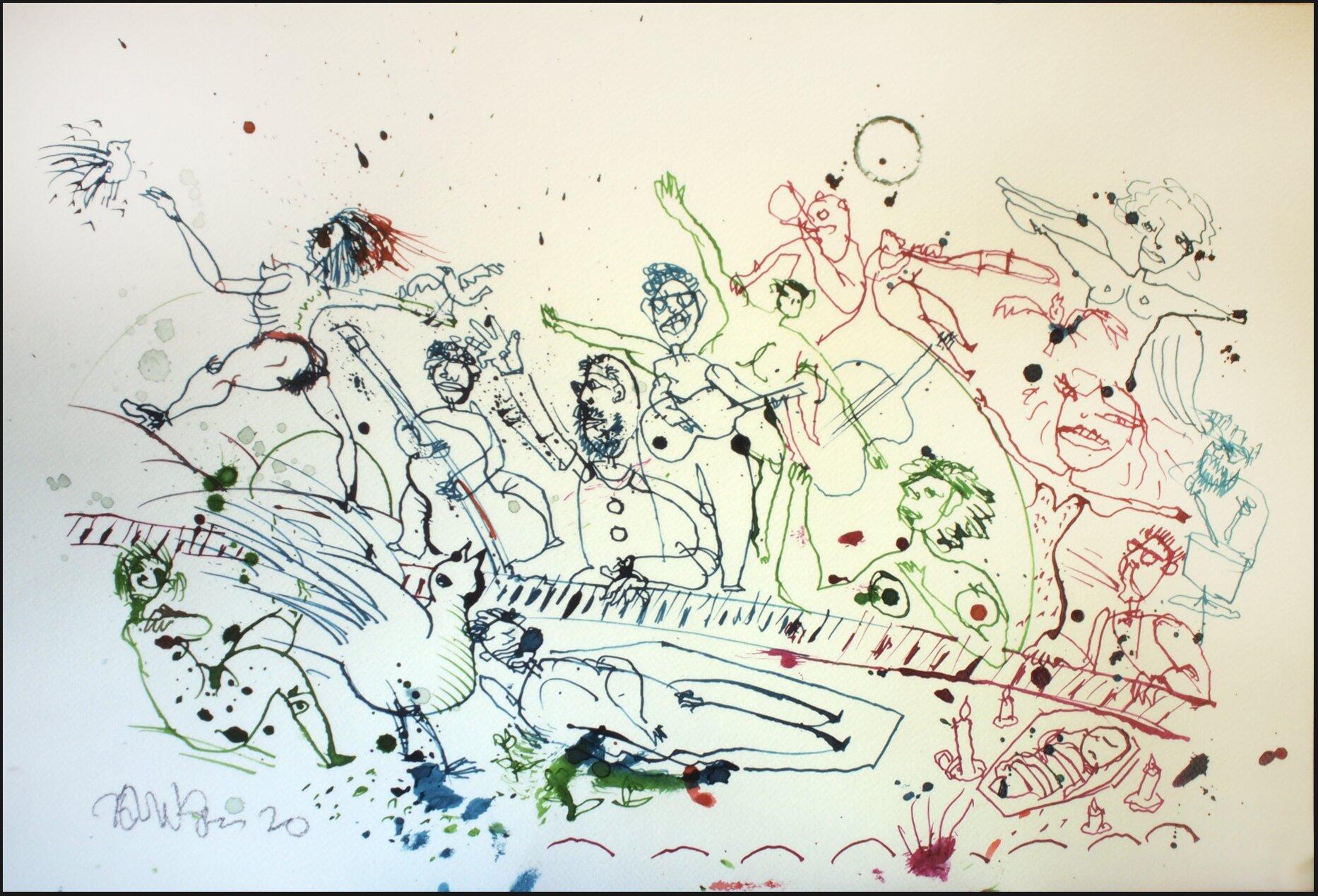The band plays on, Drawing, Pen & Ink on Watercolor Paper - Art by Edward Zelinsky