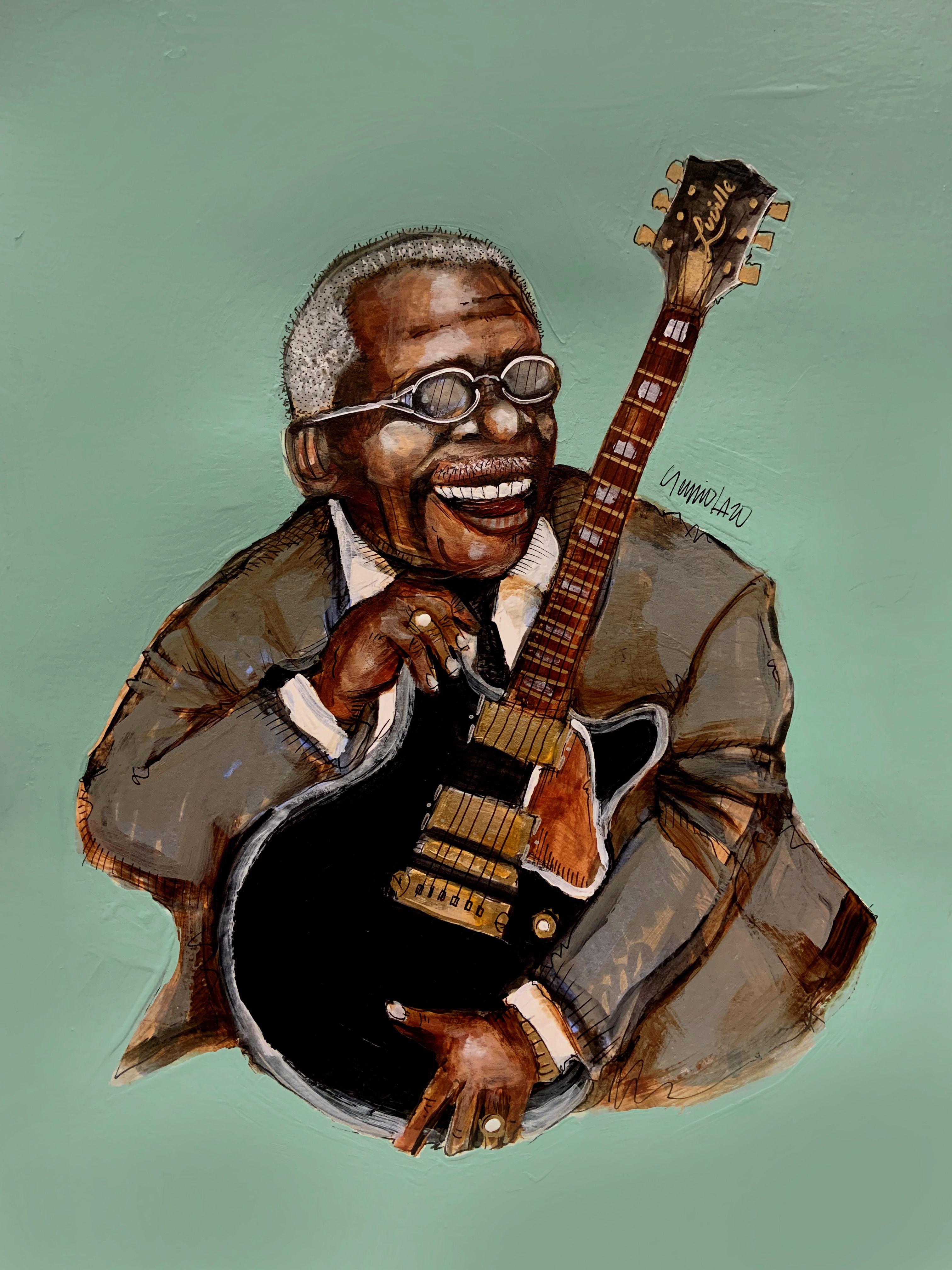 BB King, Zeichnung, Stift und Tinte auf Papier – Art von Sergio Lazo