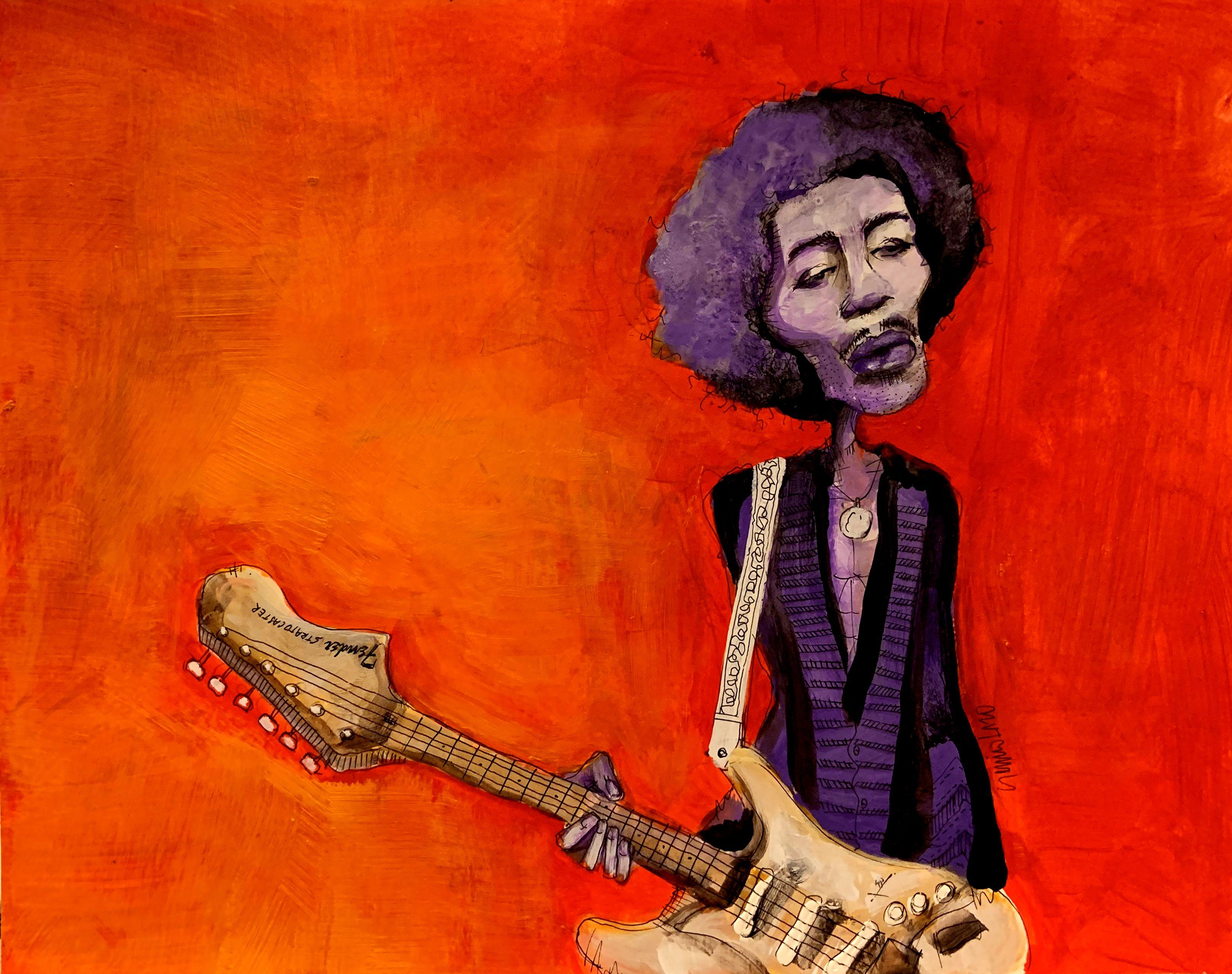 Jimi Hendrix, Zeichnung, Feder & Tinte auf Papier – Art von Sergio Lazo