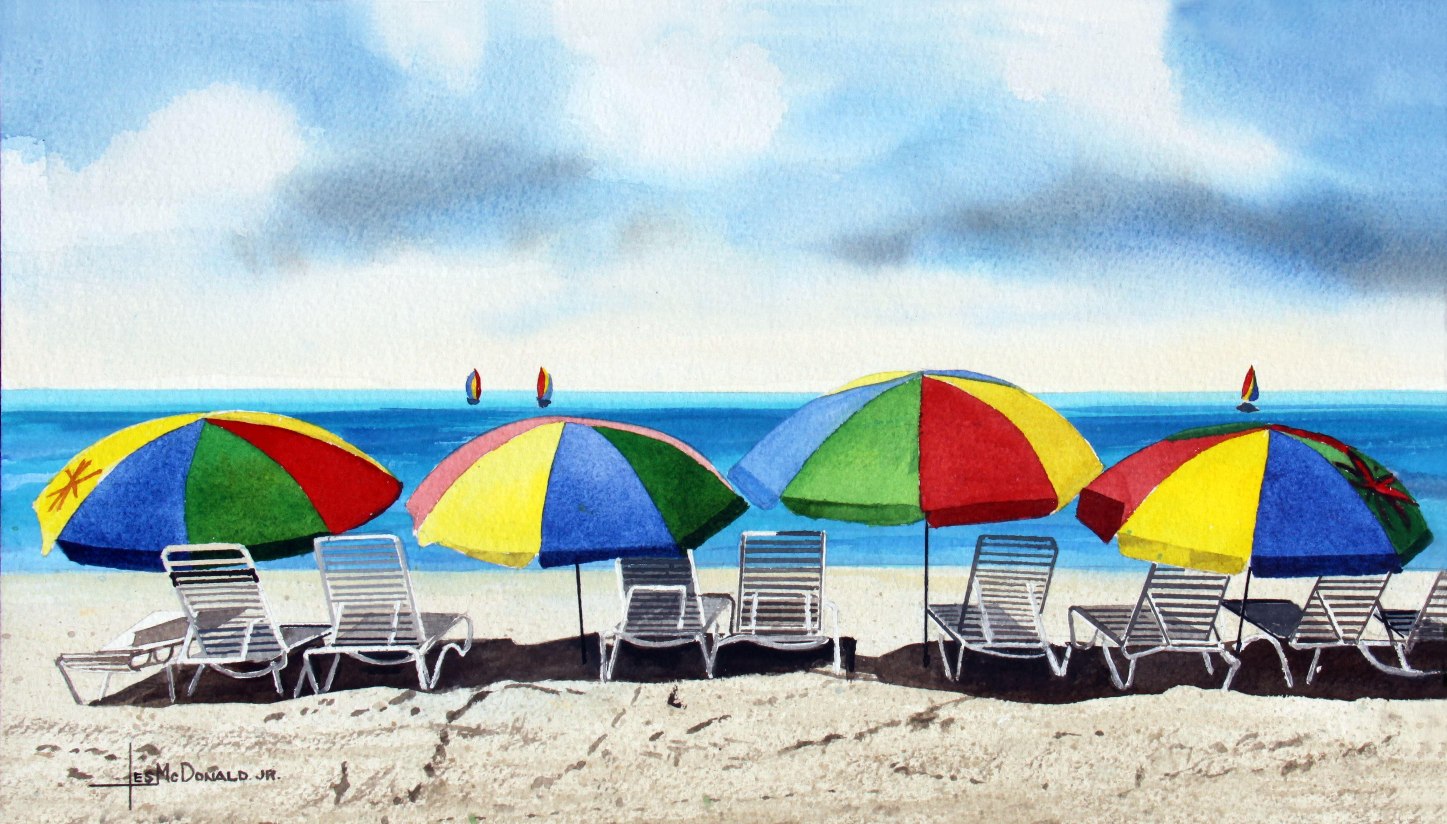 Peinture « Sunny Beaches », aquarelle sur papier aquarelle - Art de Leslie McDonald Jr