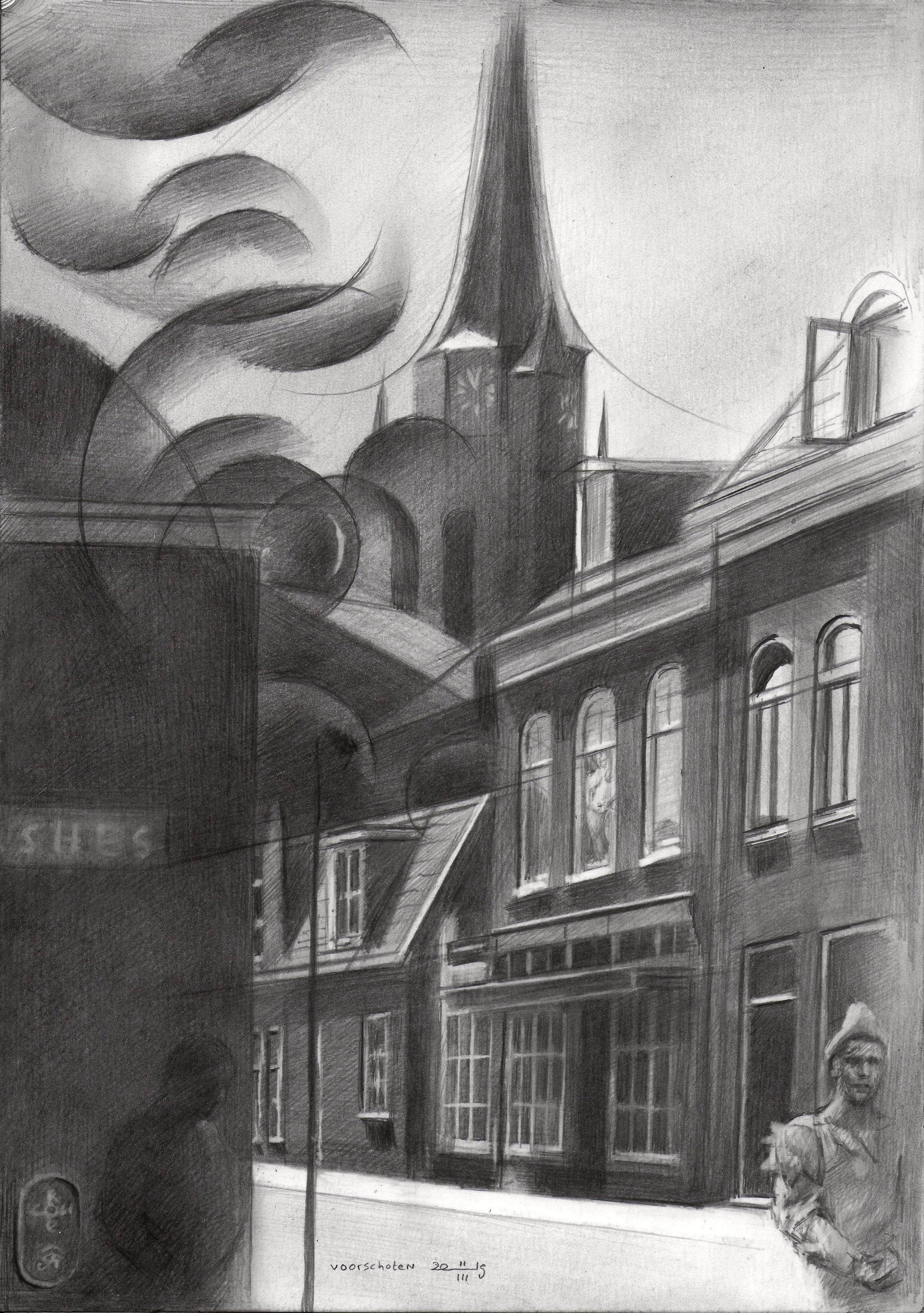 Voorschoten - 11-03-19, Zeichnung, Bleistift/Farbstift auf Papier – Art von Corne Akkers