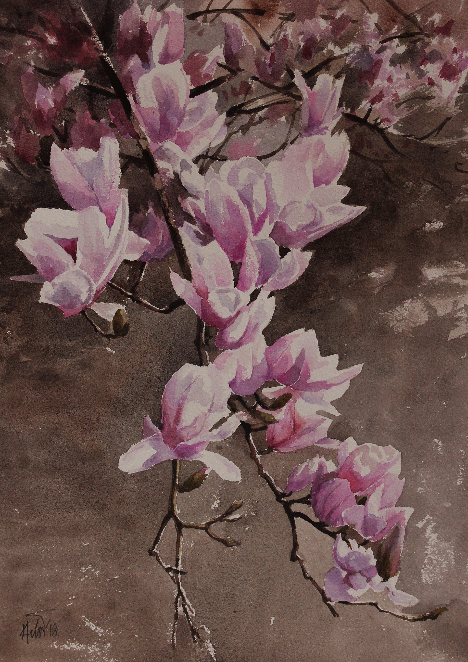 Magnolia_01, Gemälde, Aquarell auf Aquarellpapier – Art von Helal Uddin