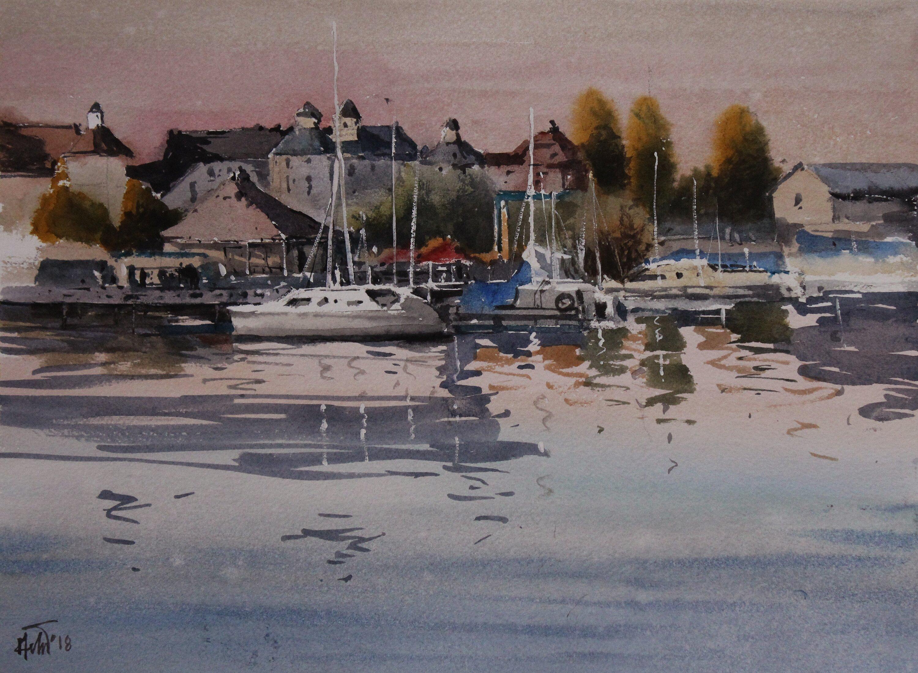 Beside Lake_01, Painting, Watercolor on Watercolor Paper - Art by Helal Uddin