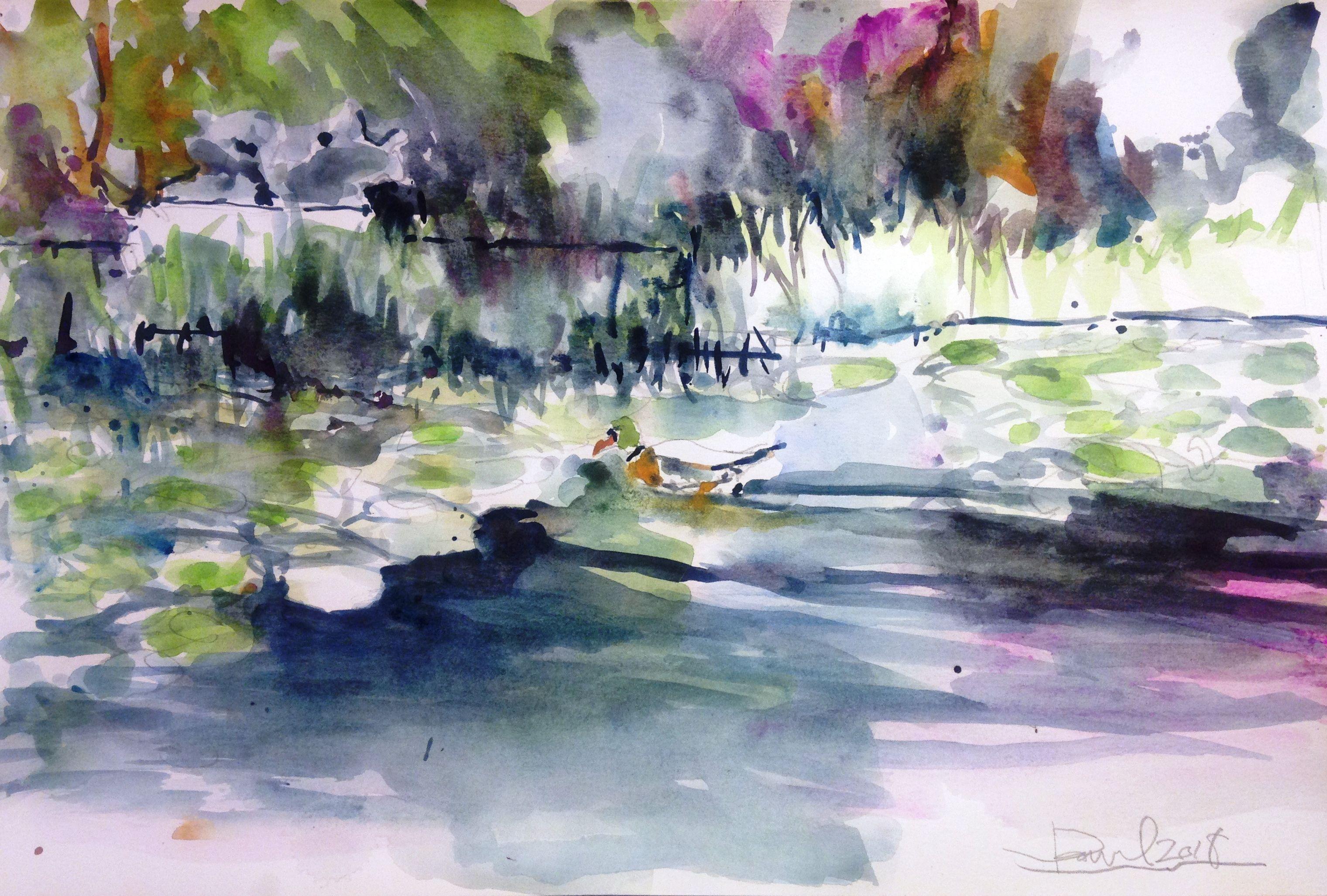 The Lonely Duck Norton Simon Gardens, Painting, Watercolor on Watercolor Paper - Art by Daniel Clarke