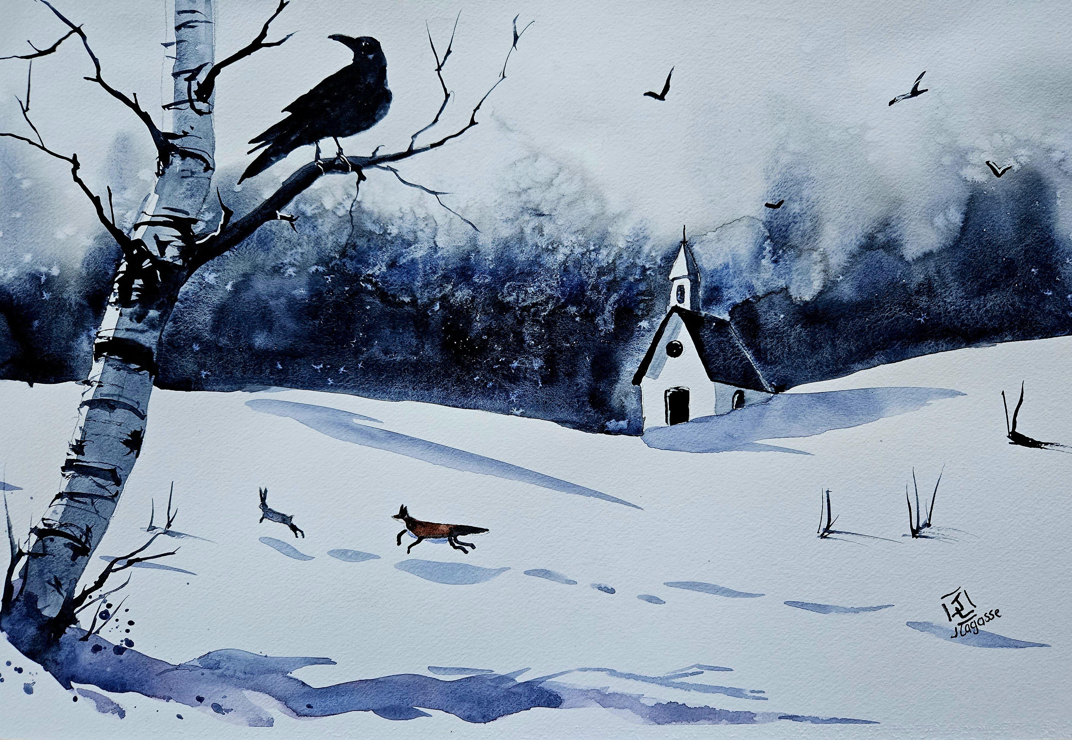 Winterkalm, Gemälde, Aquarell auf Aquarellpapier – Art von Jim Lagasse